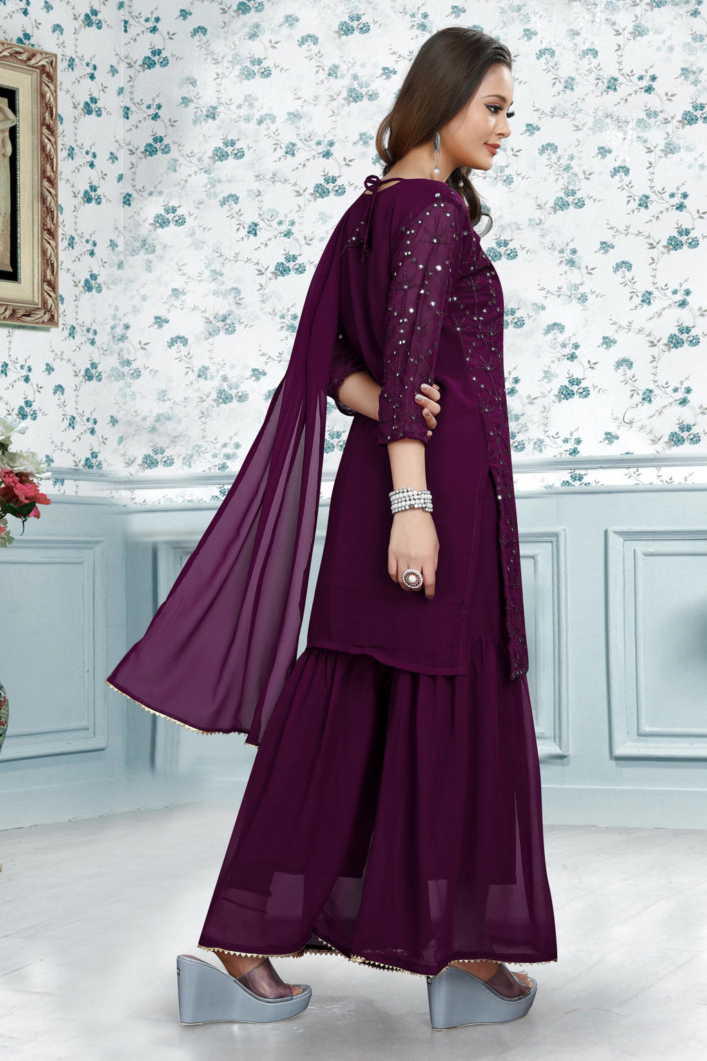 Embroidery Mirror Work Kurti, Sharara And Dupatta Set