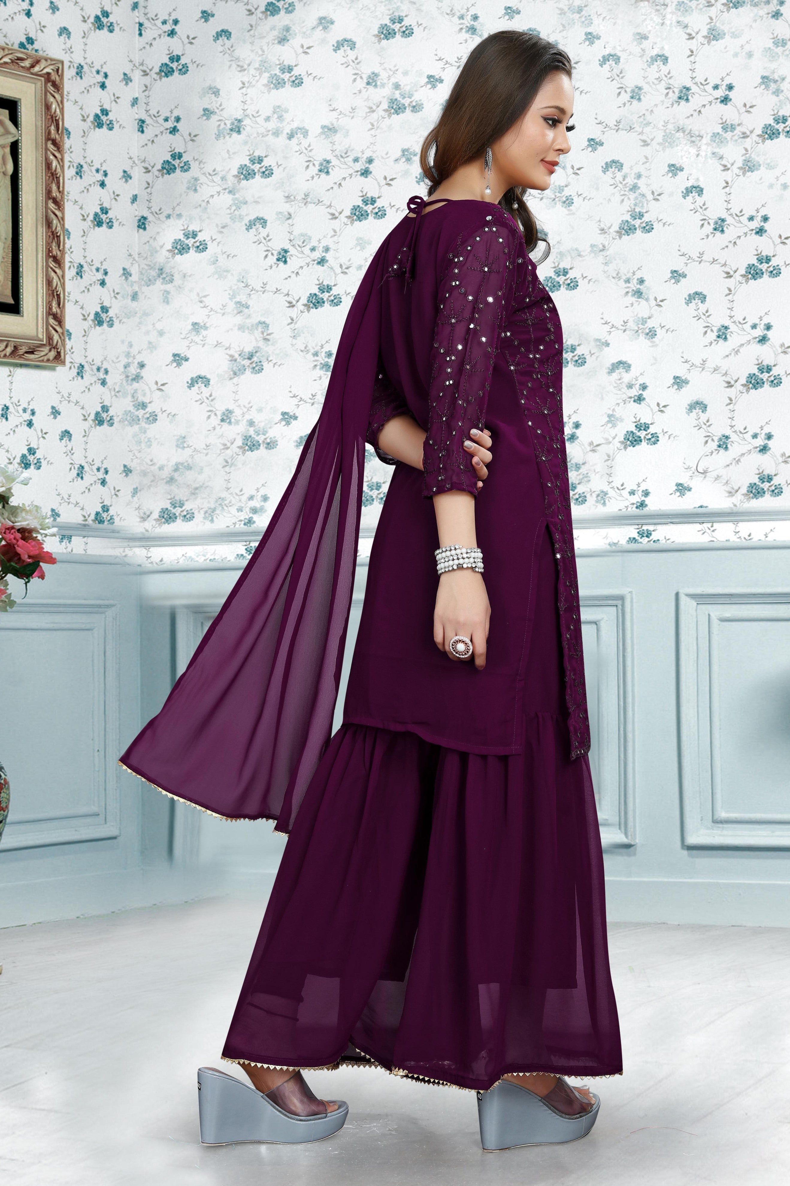 Embroidery Mirror Work Kurti, Sharara And Dupatta Set