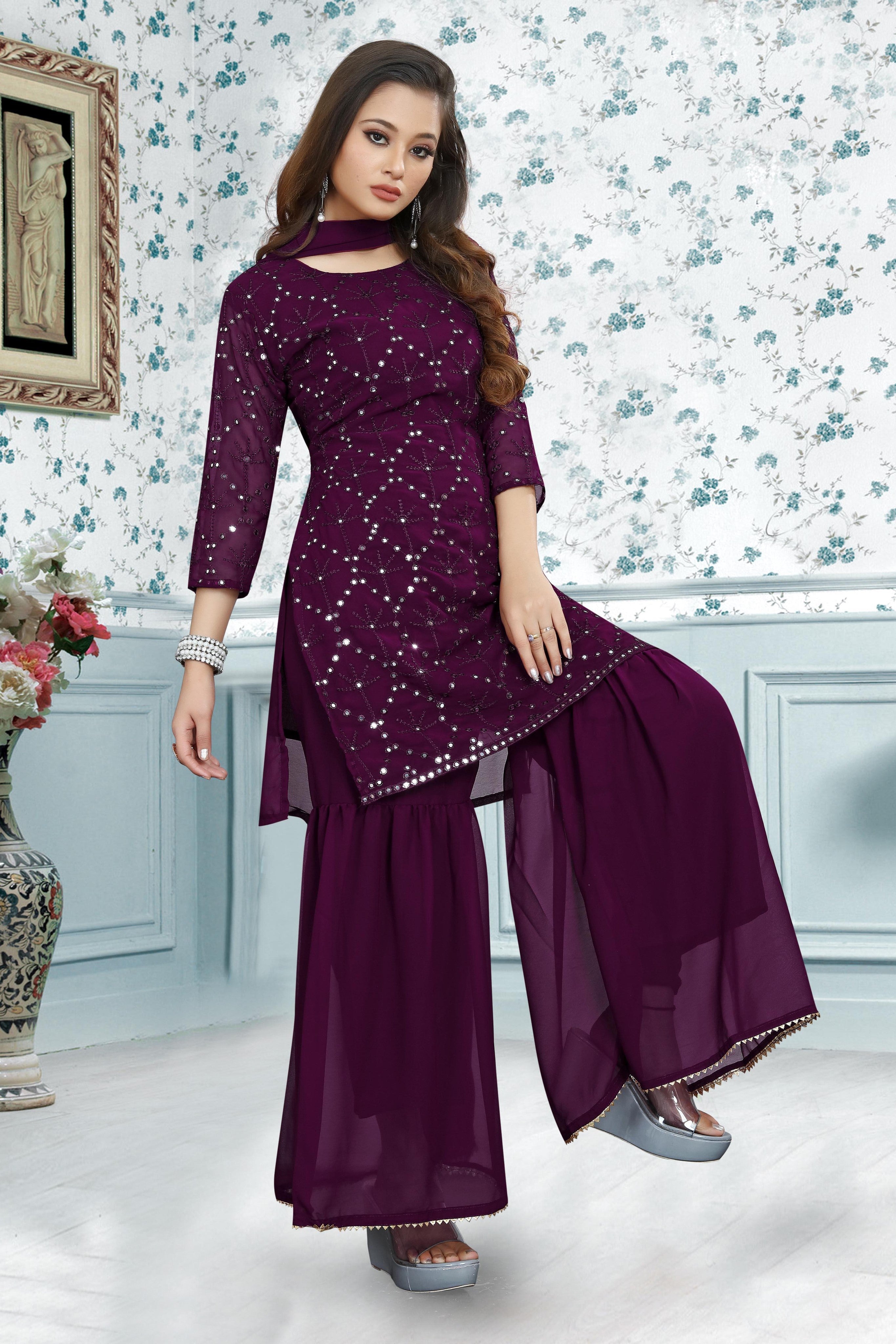 Embroidery Mirror Work Kurti, Sharara And Dupatta Set