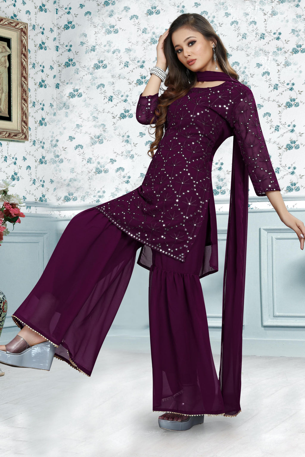 Embroidery Mirror Work Kurti, Sharara And Dupatta Set