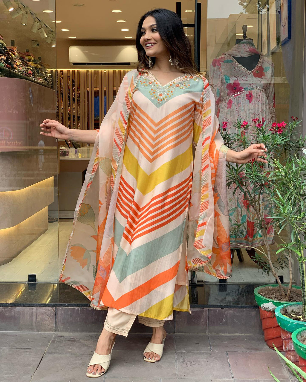 Multicolor Printed Kurti With Work Neck, Pant And Dupatta Set