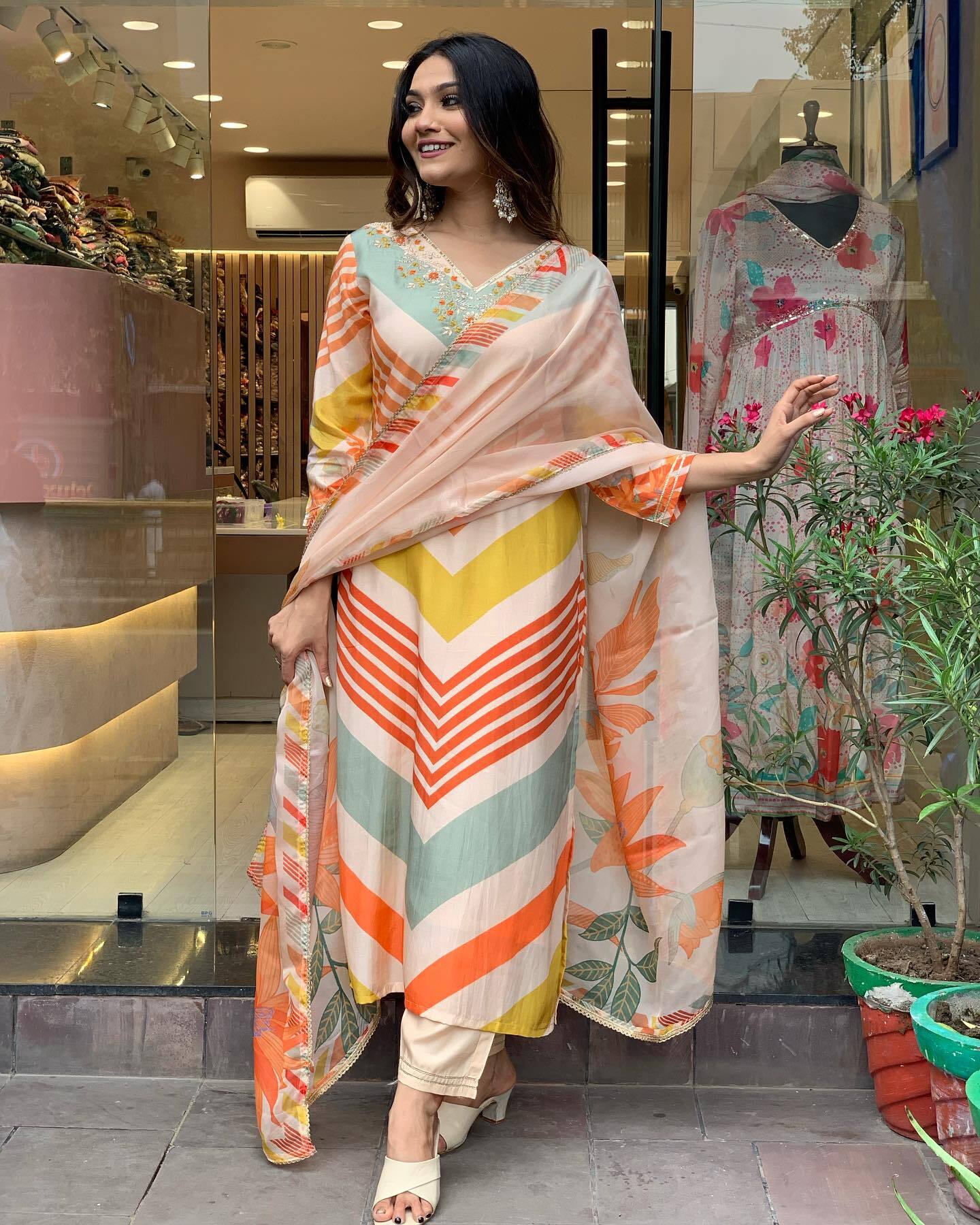 Multicolor Printed Kurti With Work Neck, Pant And Dupatta Set