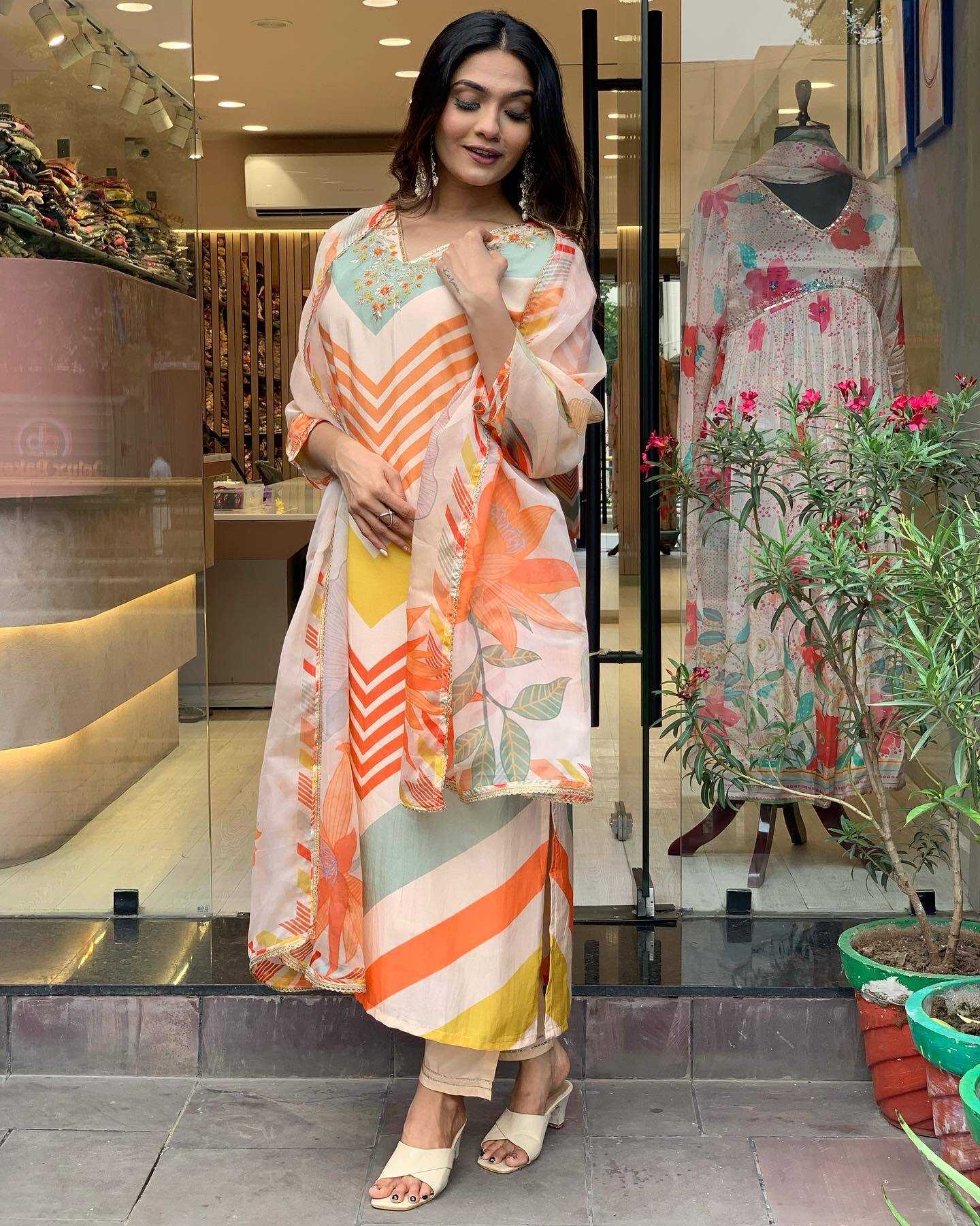 Multicolor Printed Kurti With Work Neck, Pant And Dupatta Set