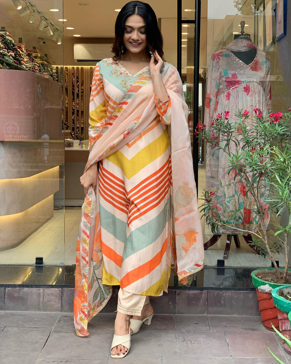 Multicolor Printed Kurti With Work Neck, Pant And Dupatta Set