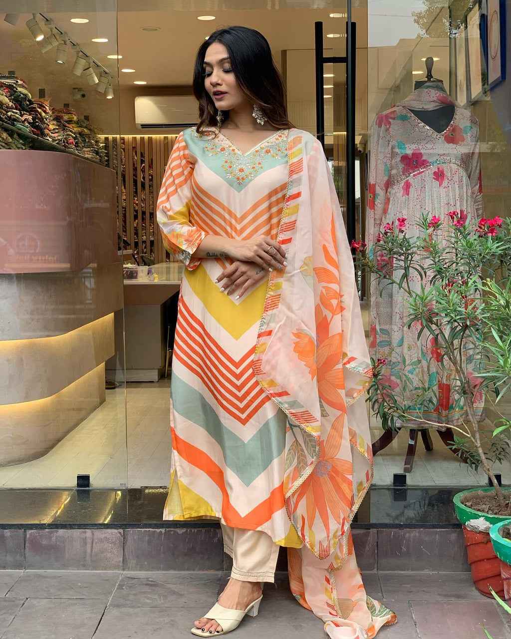 Multicolor Printed Kurti With Work Neck, Pant And Dupatta Set