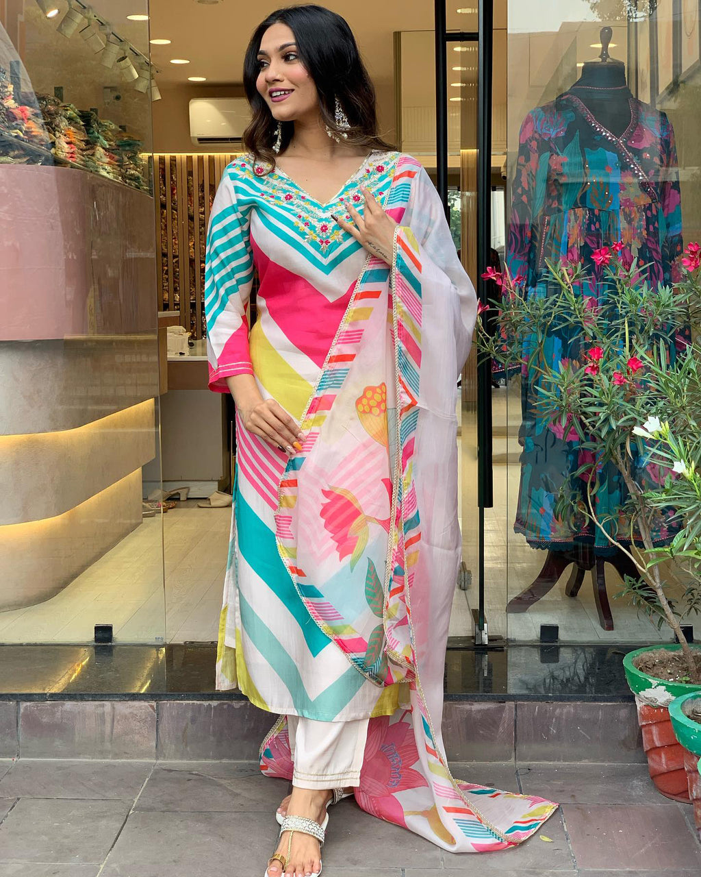 Multicolor Printed Kurti With Work Neck, Pant And Dupatta Set