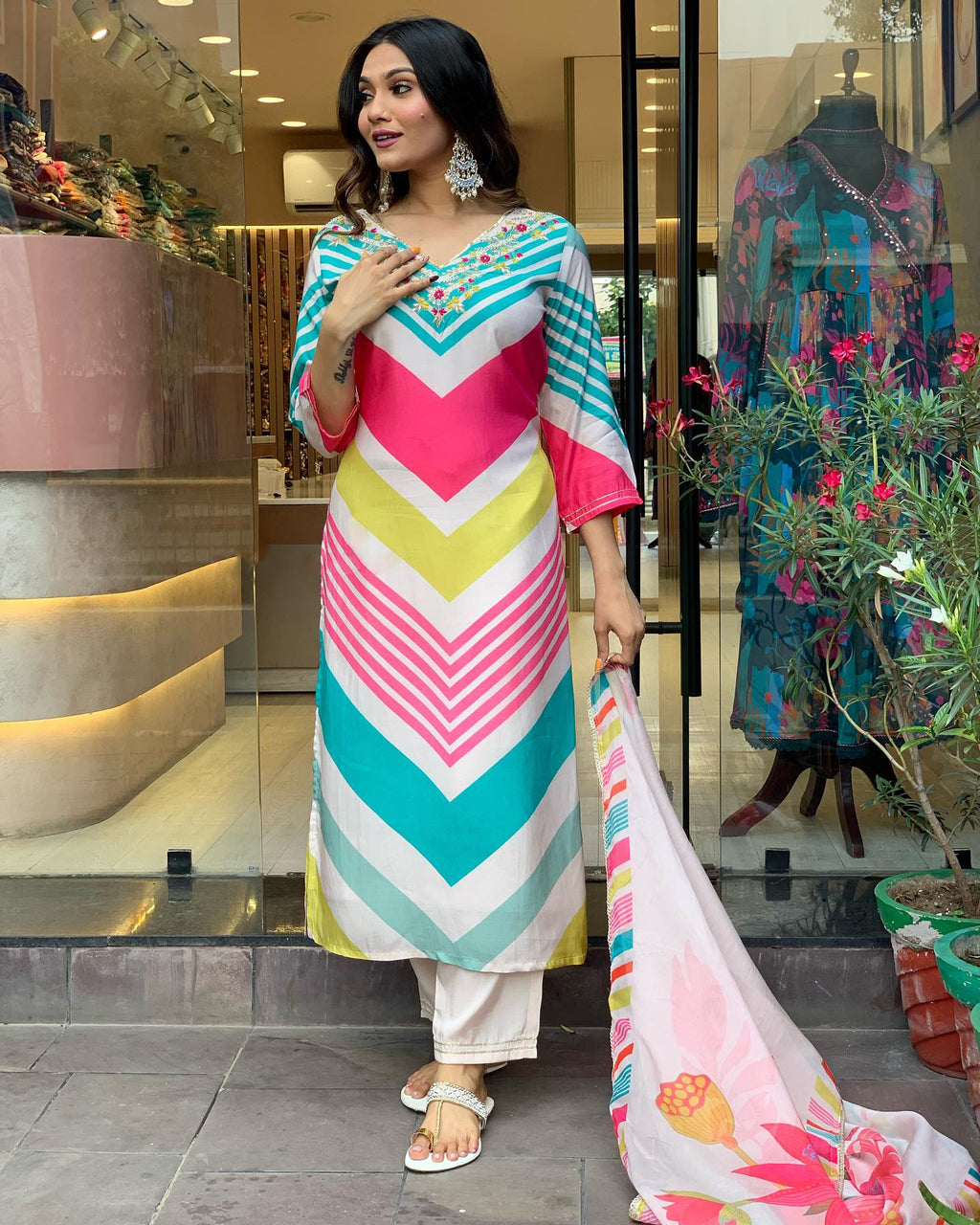 Multicolor Printed Kurti With Work Neck, Pant And Dupatta Set