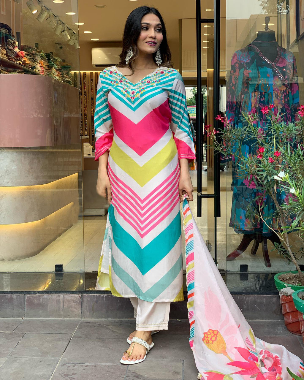Multicolor Printed Kurti With Work Neck, Pant And Dupatta Set