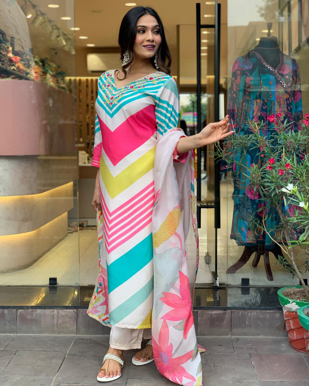 Multicolor Printed Kurti With Work Neck, Pant And Dupatta Set