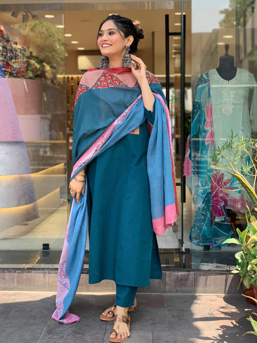 Aline Printed Neck Kurta With Printed Dupatta And Pant Set