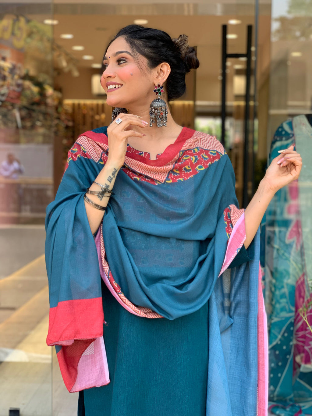 Aline Printed Neck Kurta With Printed Dupatta And Pant Set