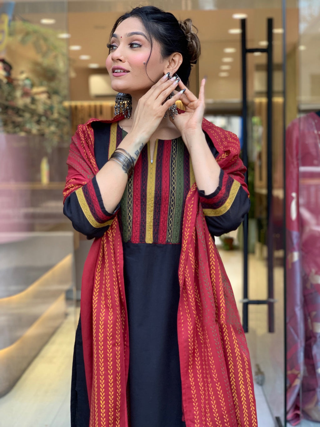 Black A Line Printed Nack Kurti With Printed Dupatta And Pant Set