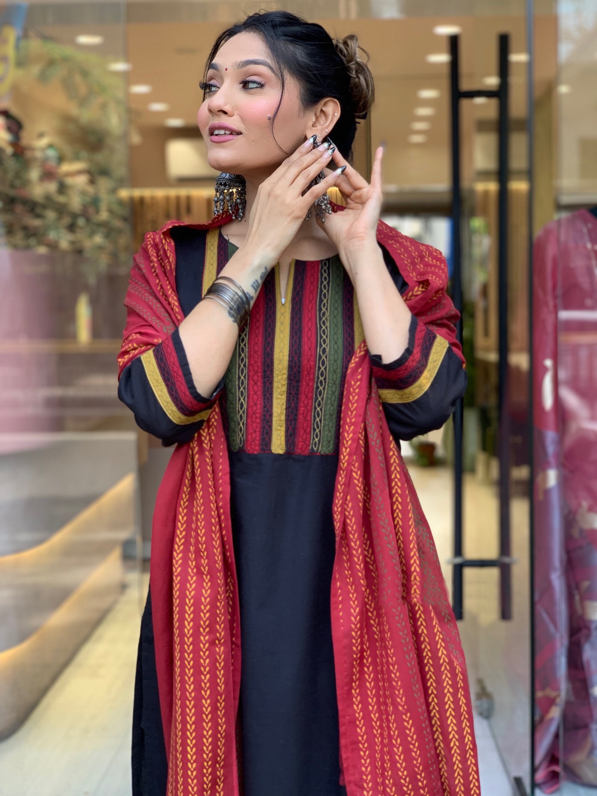 Black A Line Printed Nack Kurti With Printed Dupatta And Pant Set