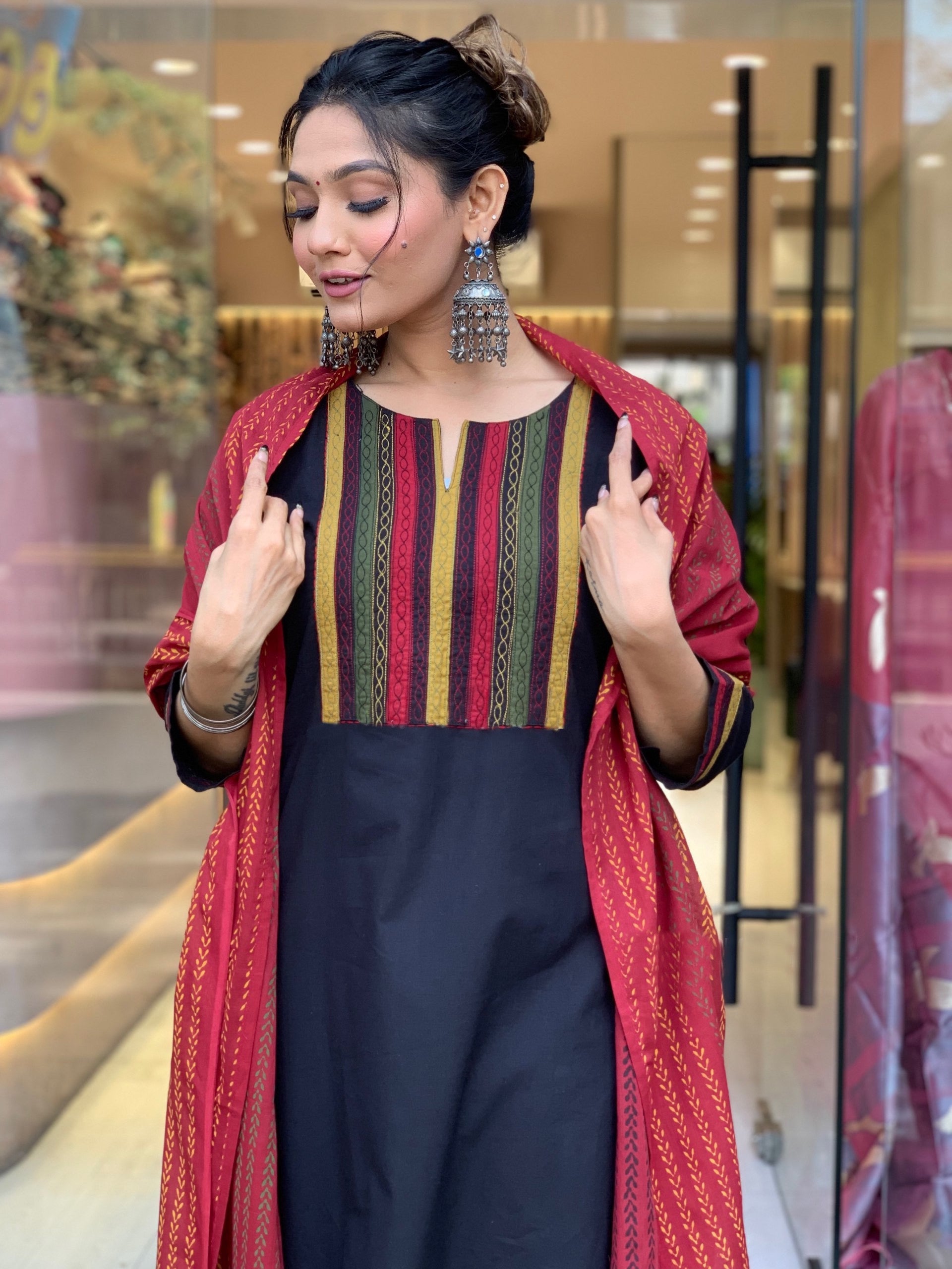 Black A Line Printed Nack Kurti With Printed Dupatta And Pant Set