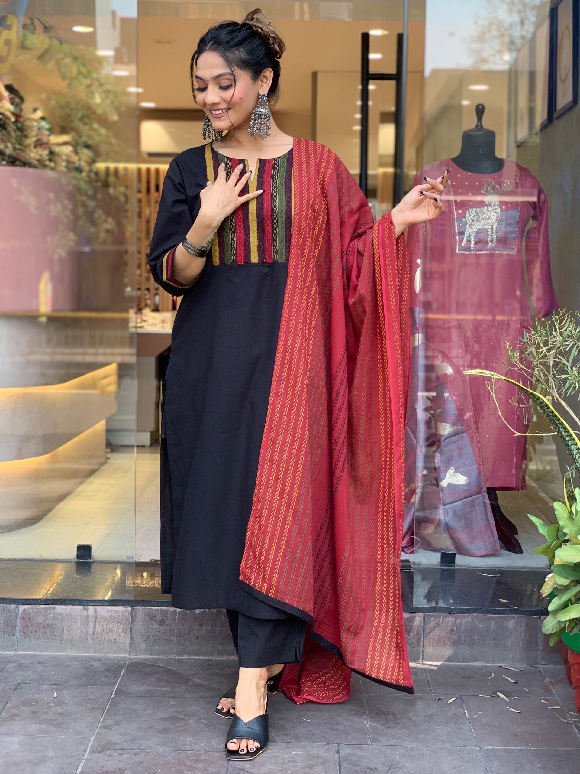 Black A Line Printed Nack Kurti With Printed Dupatta And Pant Set