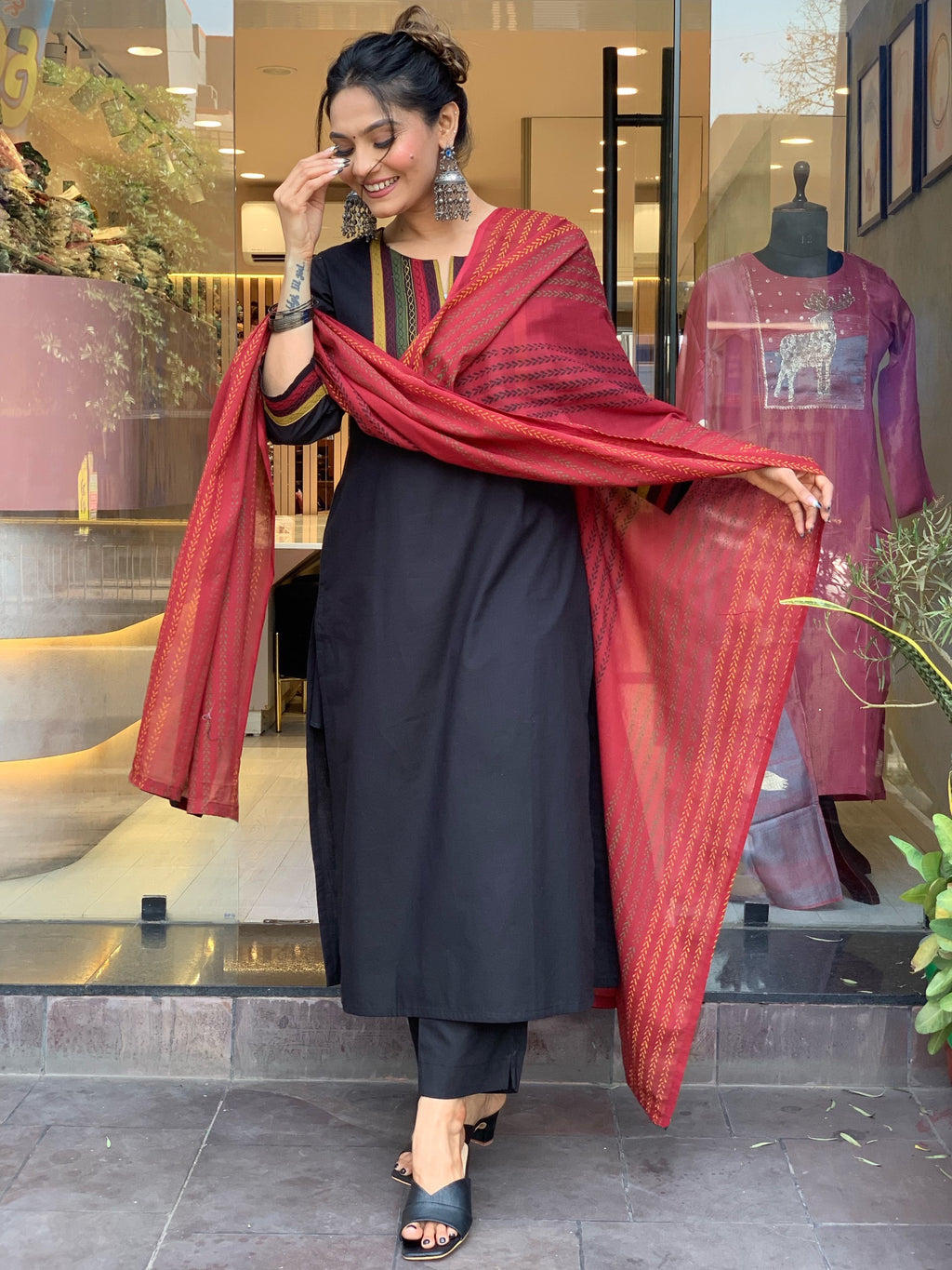 Black A Line Printed Nack Kurti With Printed Dupatta And Pant Set