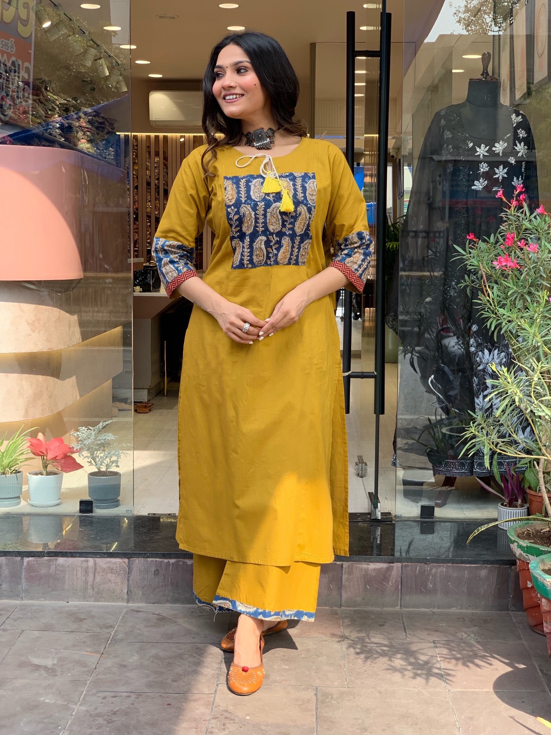 Yellow With Print Kurta And Palazzo Set