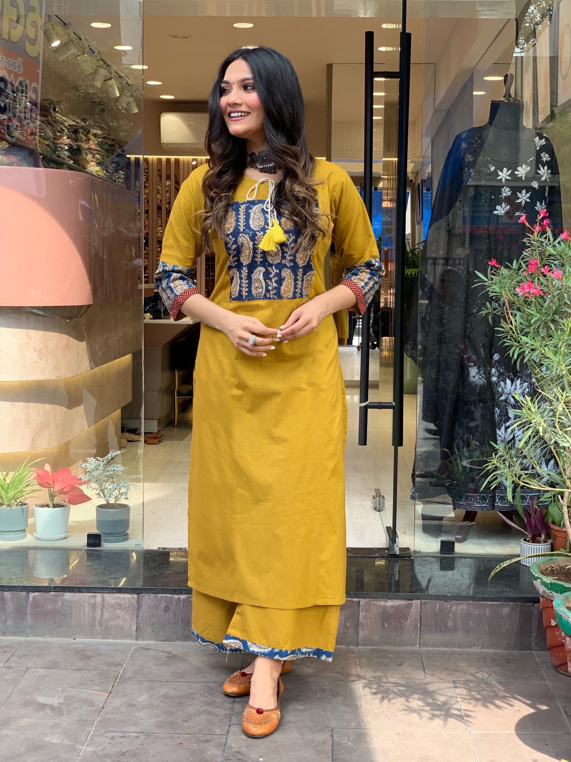 Yellow With Print Kurta And Palazzo Set