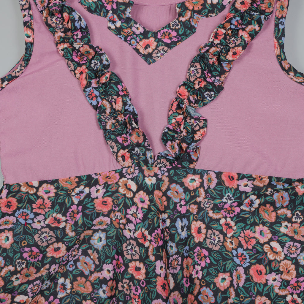 Girls Knee Length Dress With Printed And Dyed Mixup