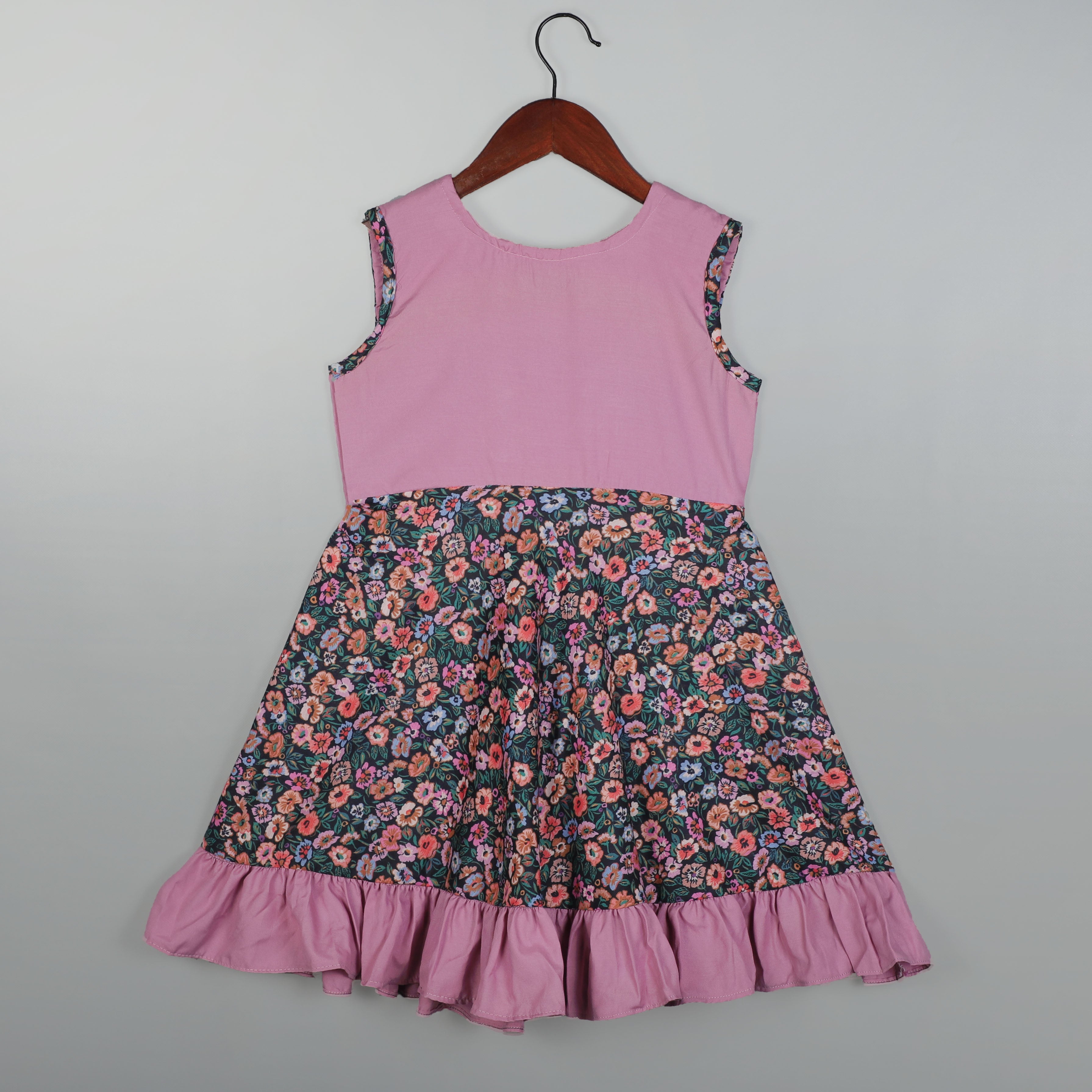 Girls Knee Length Dress With Printed And Dyed Mixup