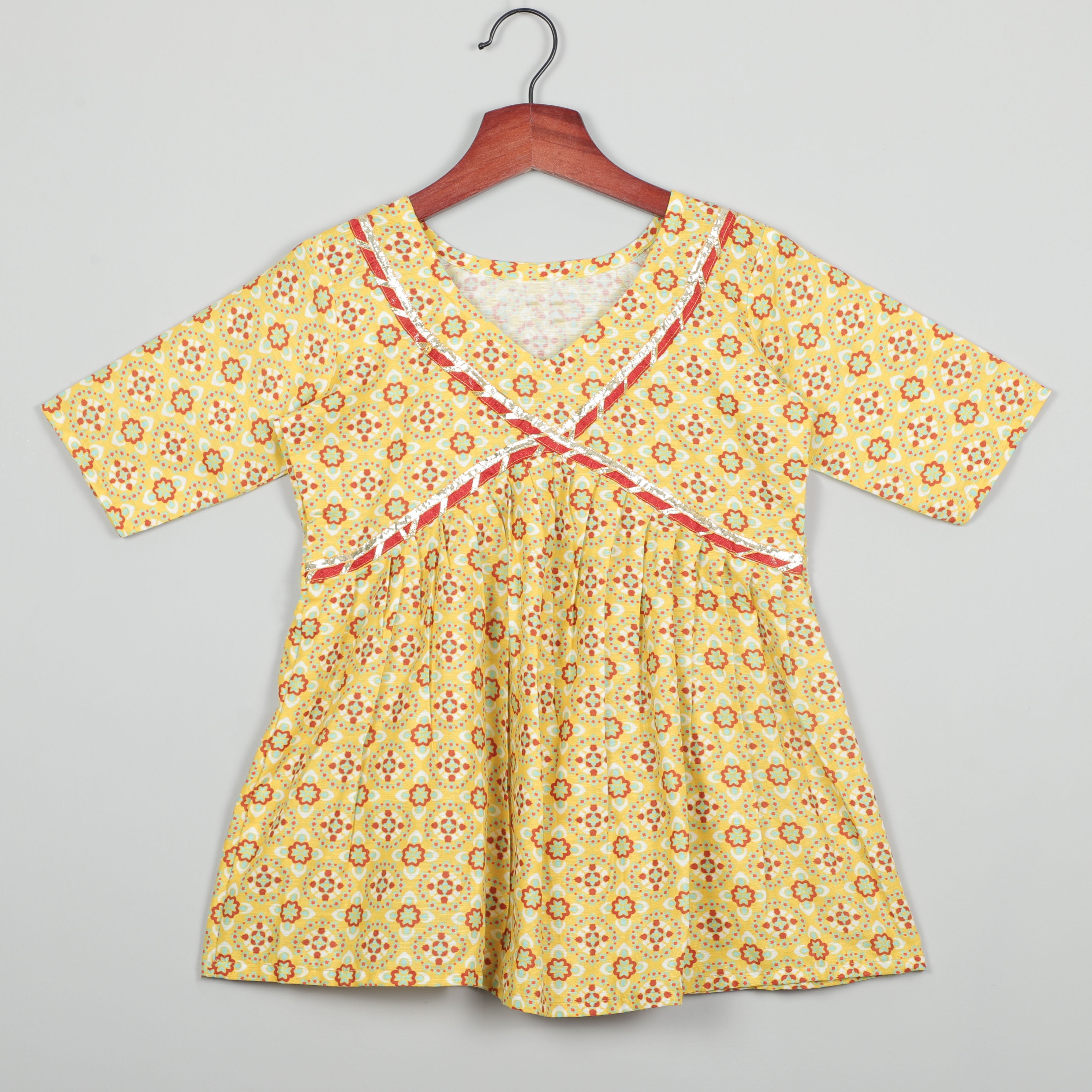 Girls Half Slevees Yellow Printed Cord Set With Red Lace Border