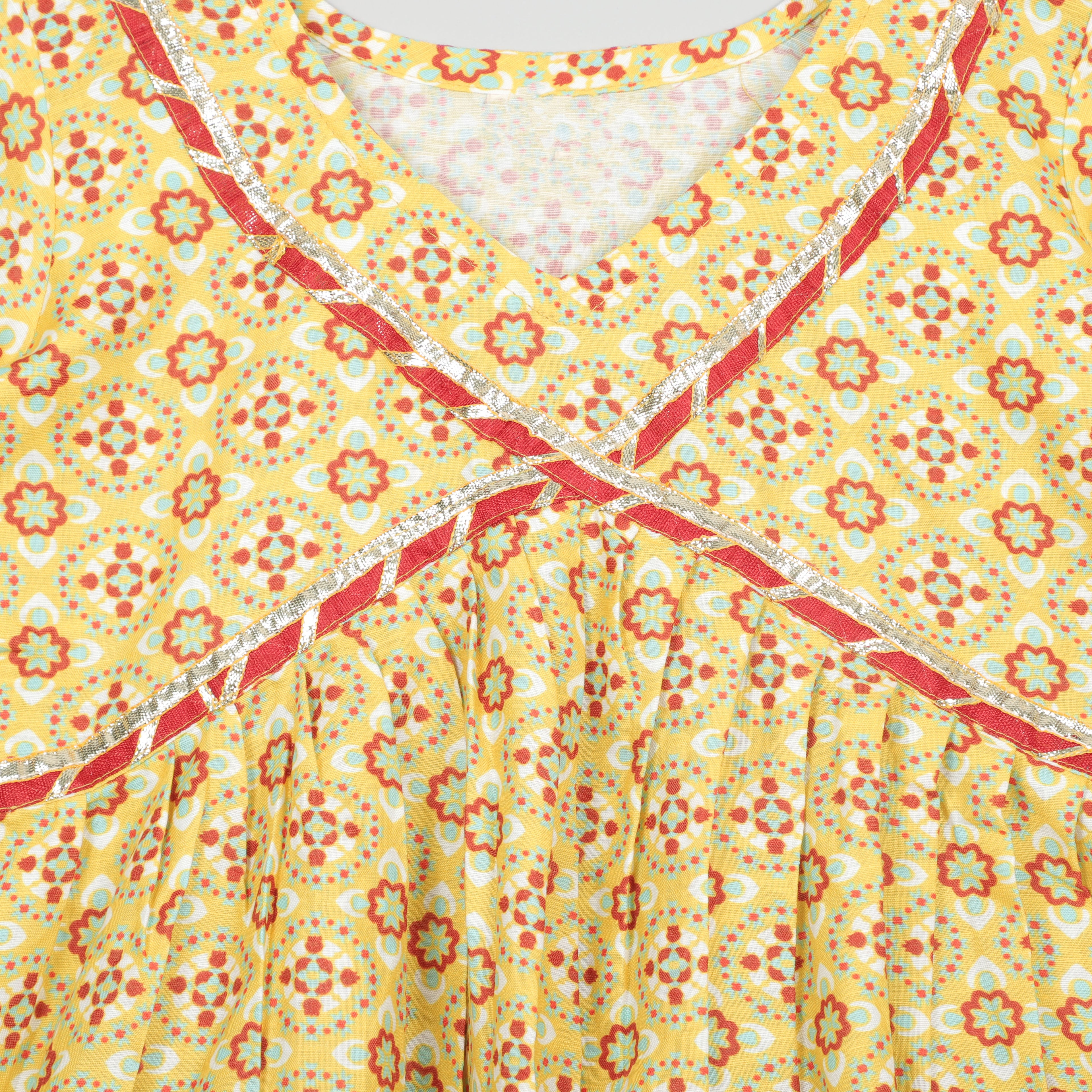 Girls Half Slevees Yellow Printed Cord Set With Red Lace Border