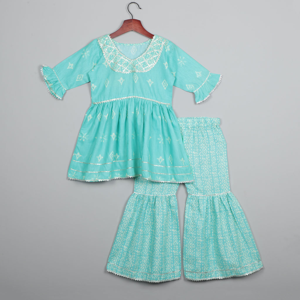 Aqua Blue Silver Coated Round Nack Flared Kurta And Sharara Set