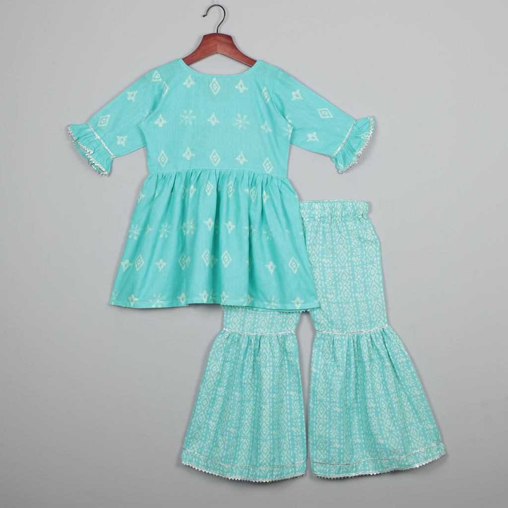 Aqua Blue Silver Coated Round Nack Flared Kurta And Sharara Set