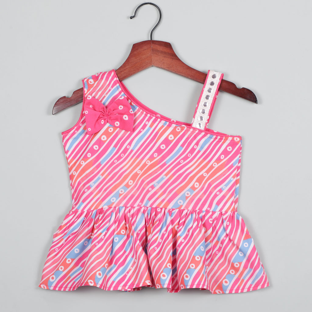 One Shoulder Fancy Bow Pink Top And Pant With Little Flared