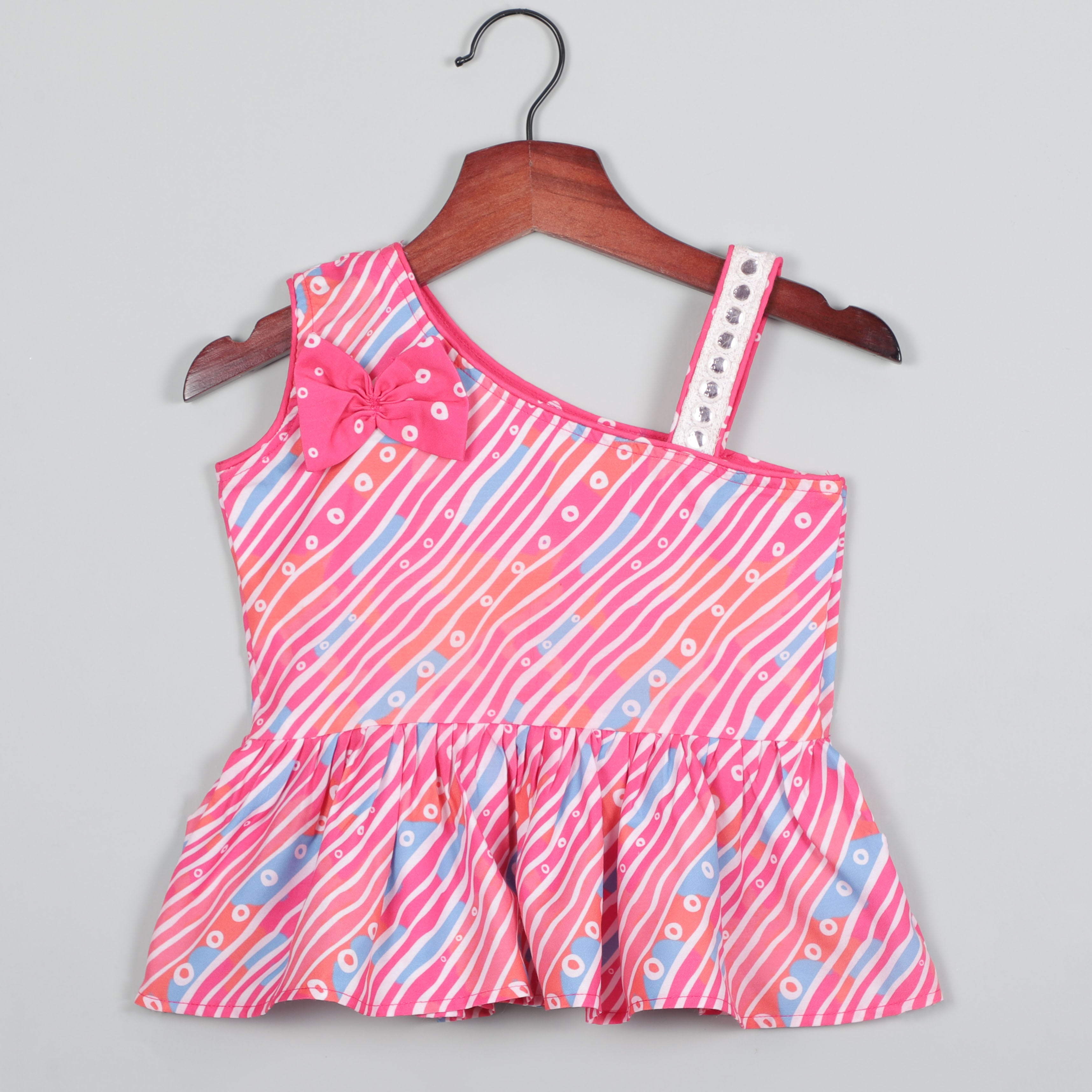 One Shoulder Fancy Bow Pink Top And Pant With Little Flared
