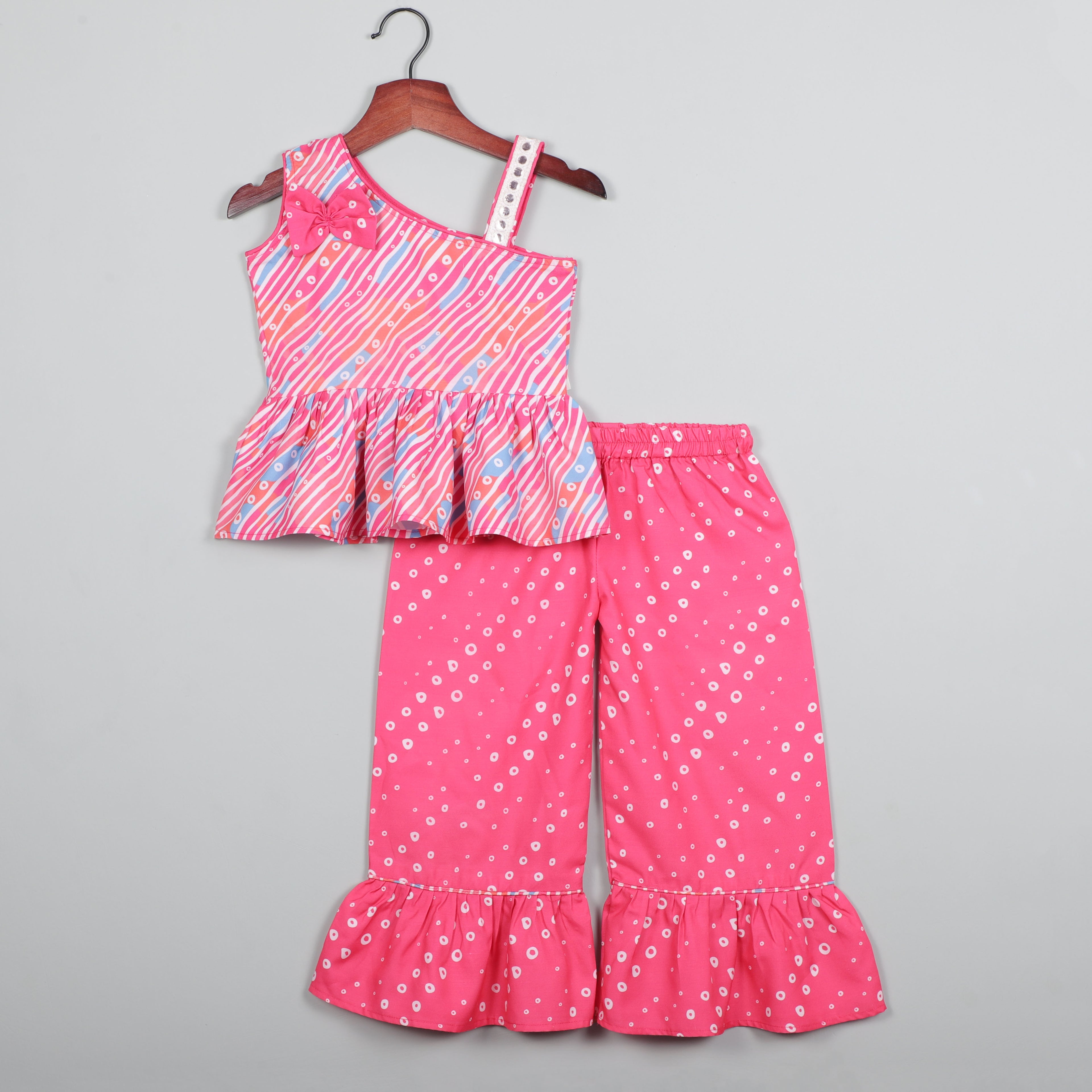 One Shoulder Fancy Bow Pink Top And Pant With Little Flared