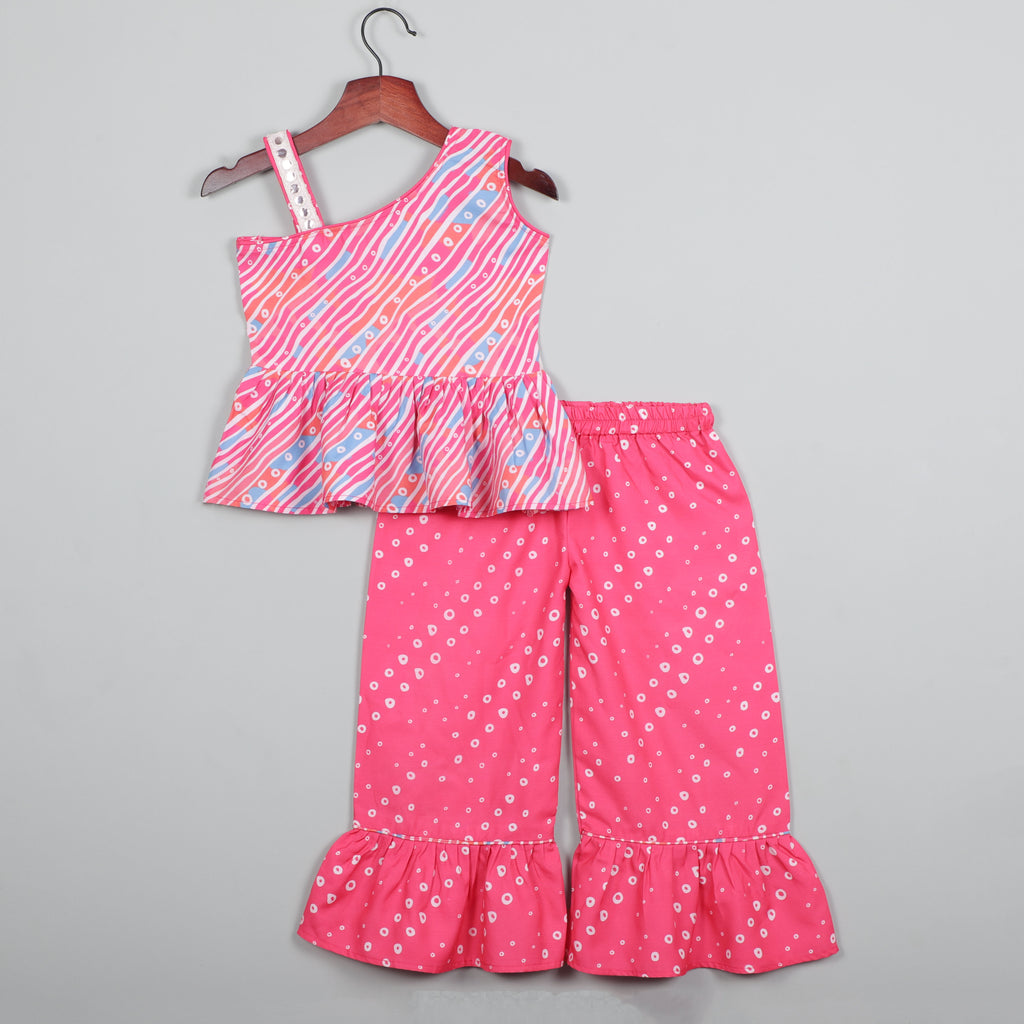 One Shoulder Fancy Bow Pink Top And Pant With Little Flared