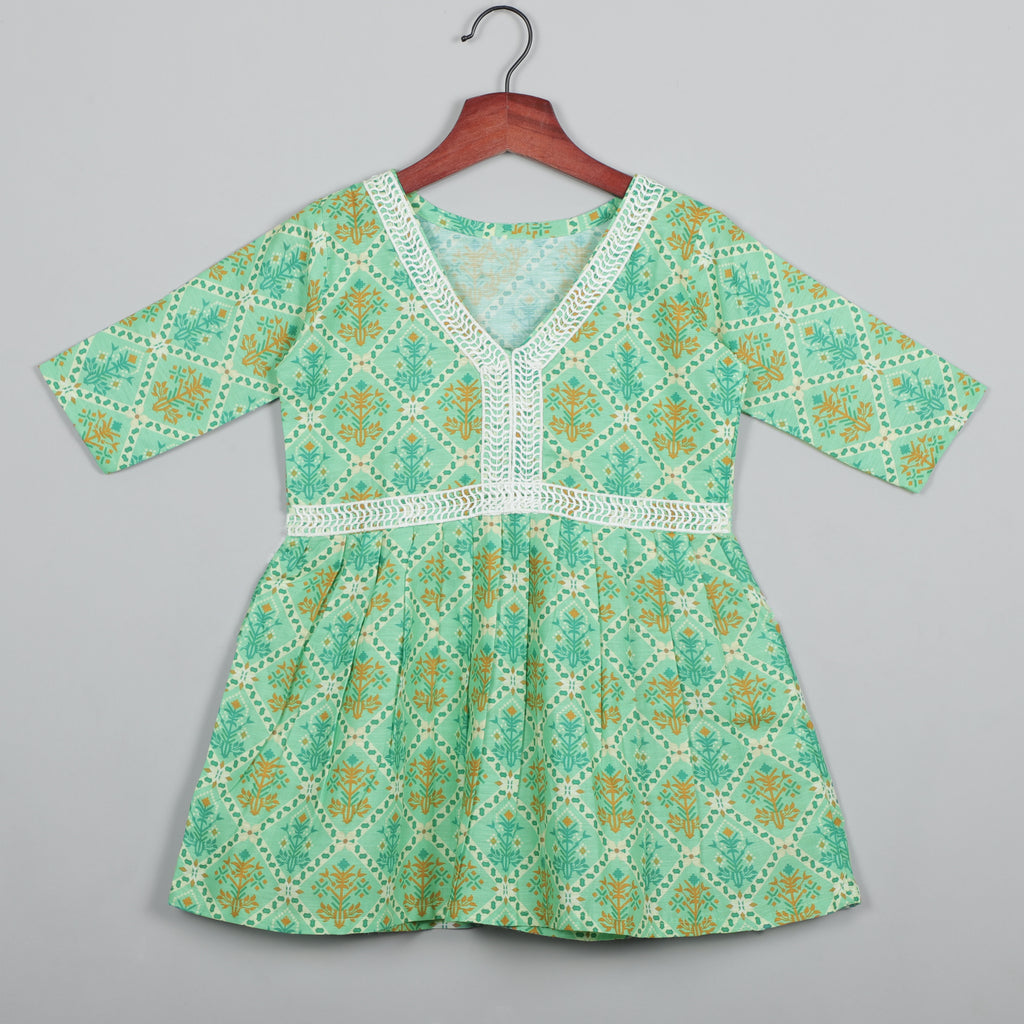 Flower Printed Top With Lace Border On Neck And Sharara Set