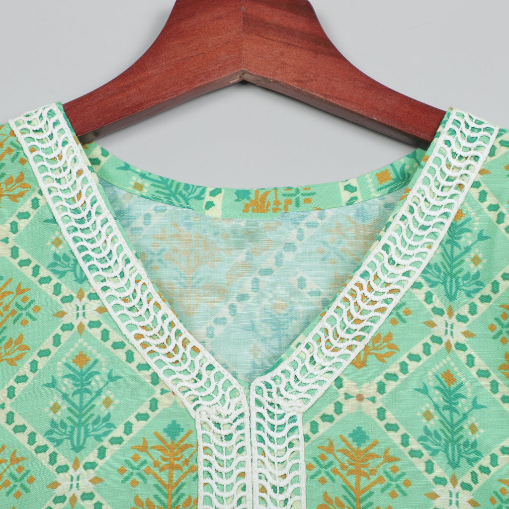 Flower Printed Top With Lace Border On Neck And Sharara Set