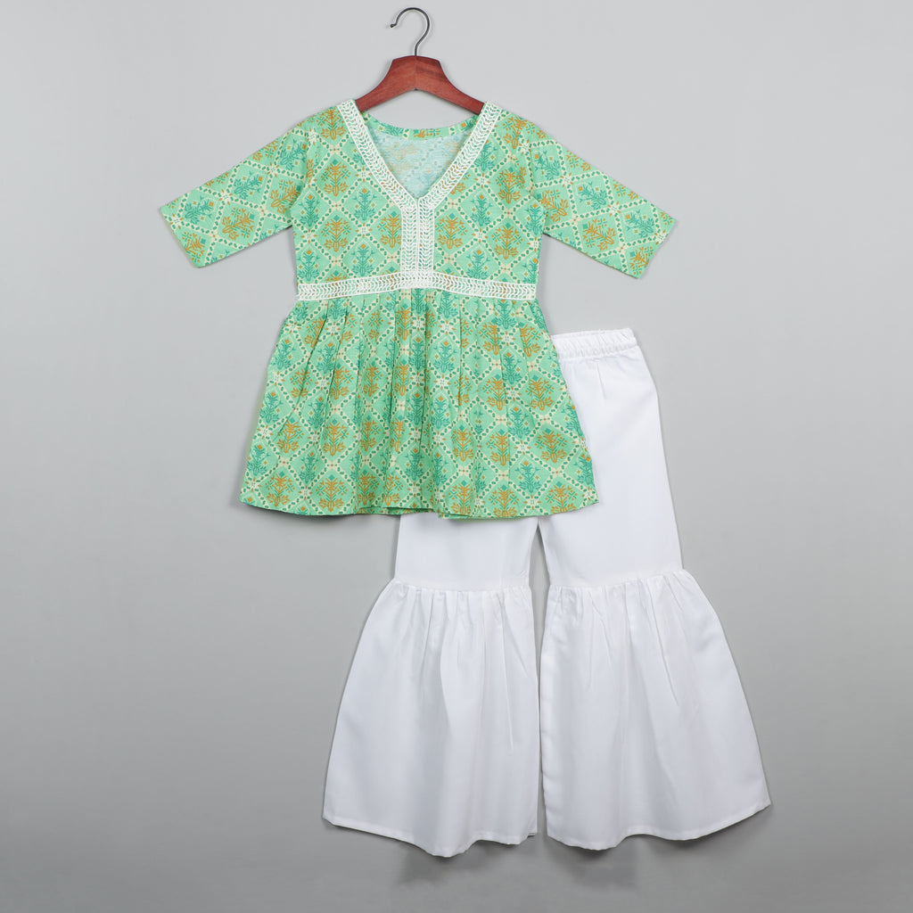 Flower Printed Top With Lace Border On Neck And Sharara Set