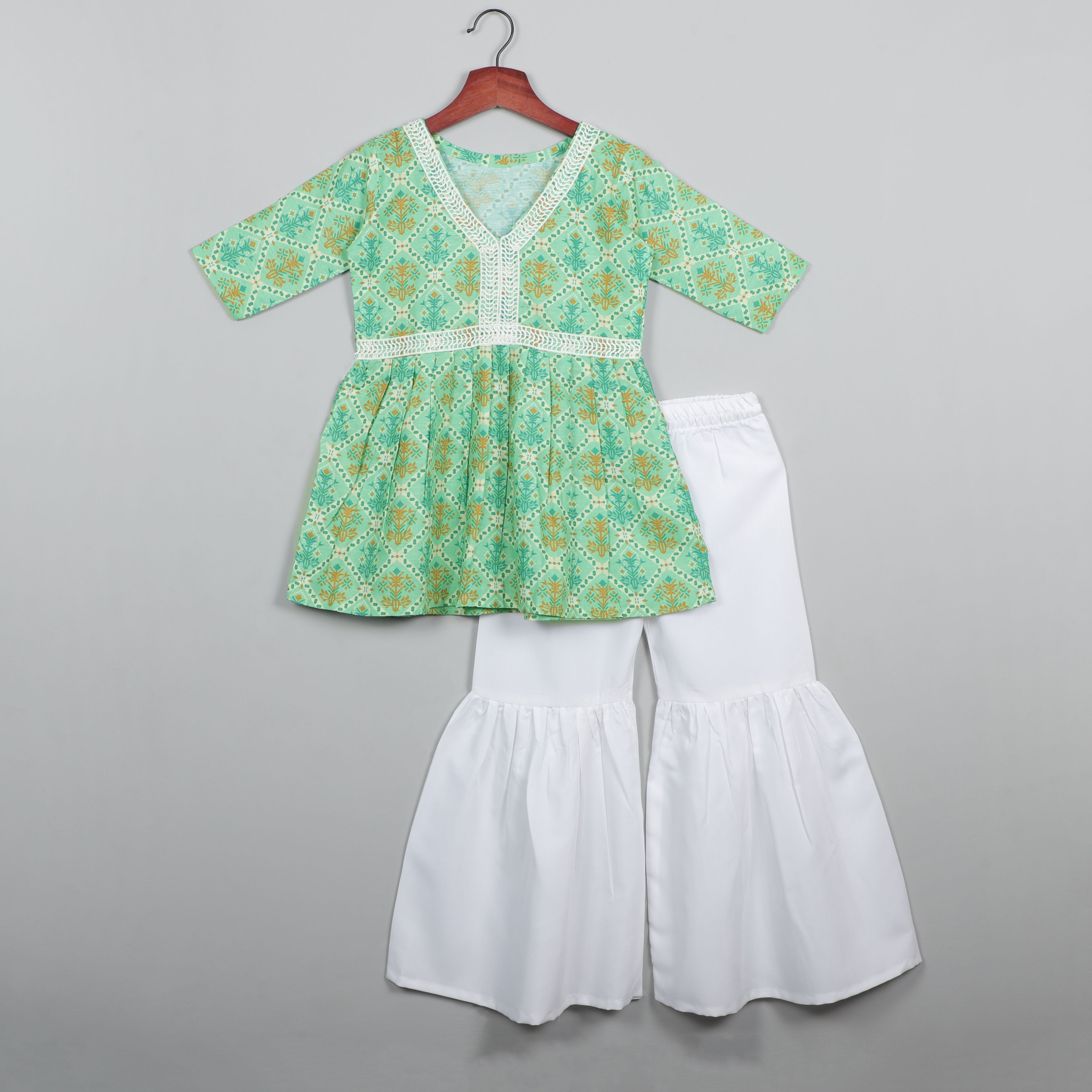 Flower Printed Top With Lace Border On Neck And Sharara Set