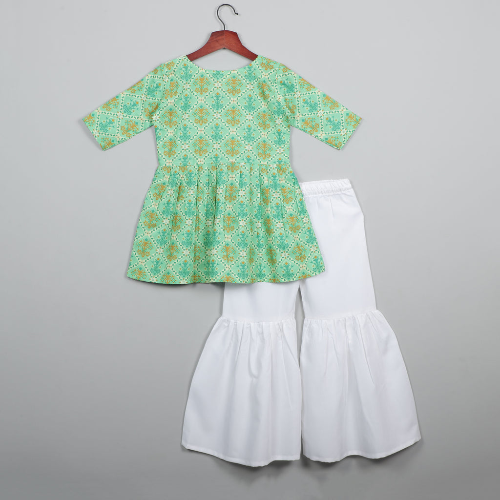 Flower Printed Top With Lace Border On Neck And Sharara Set