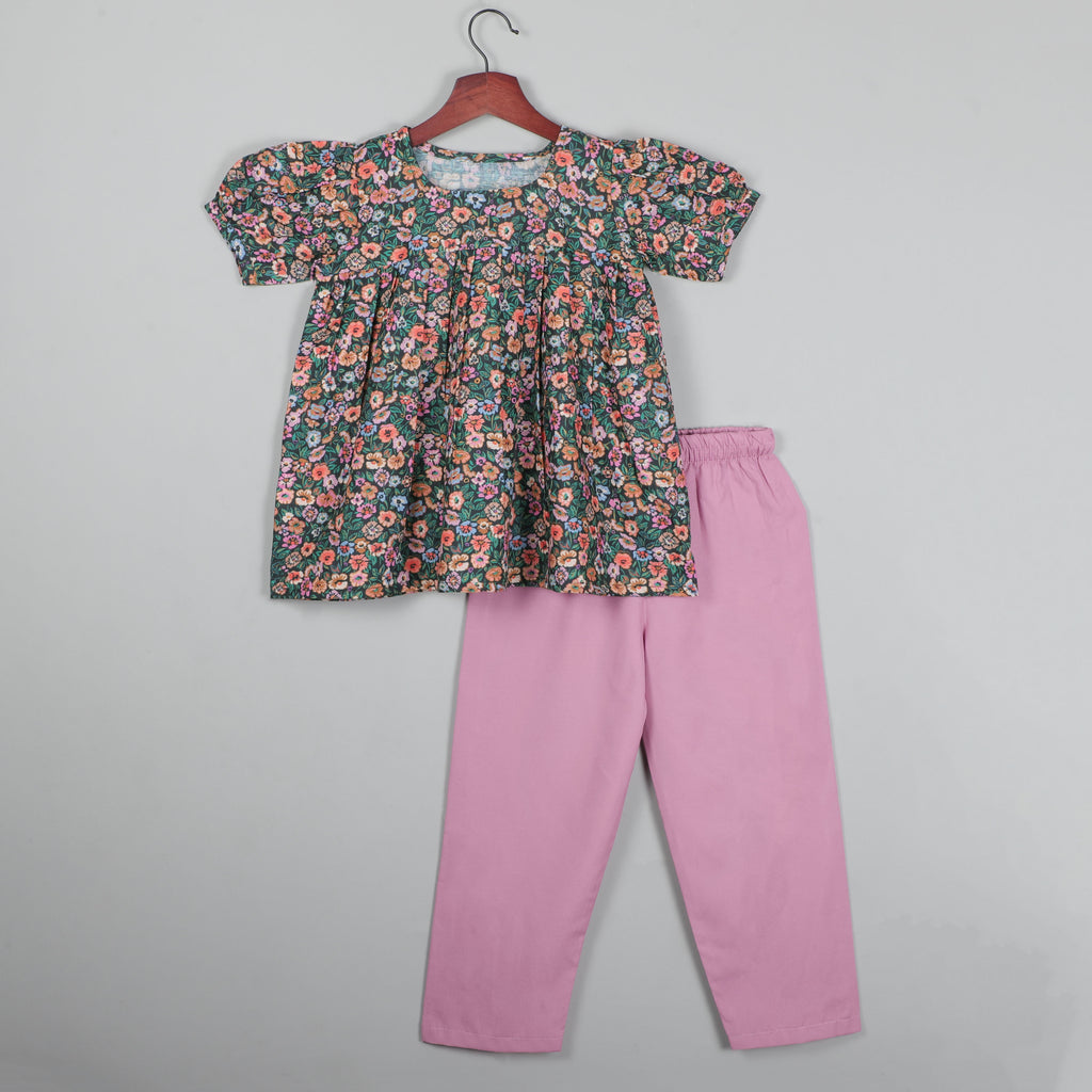 Printed Puffy Sleeves Top With Flared And Pabt Set