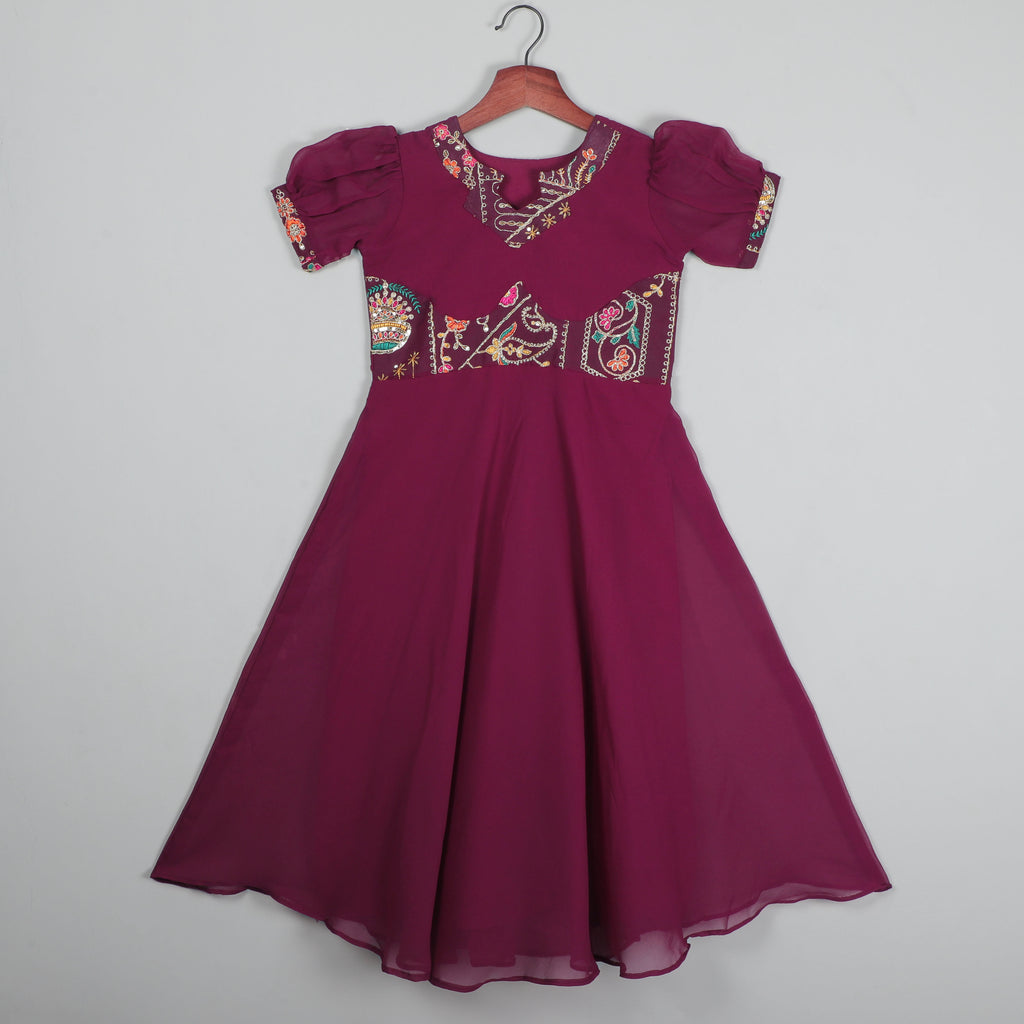 Wine Georgette Anarkali Gown With Embroidery Work on Neck, Yock And Sleeve Opening