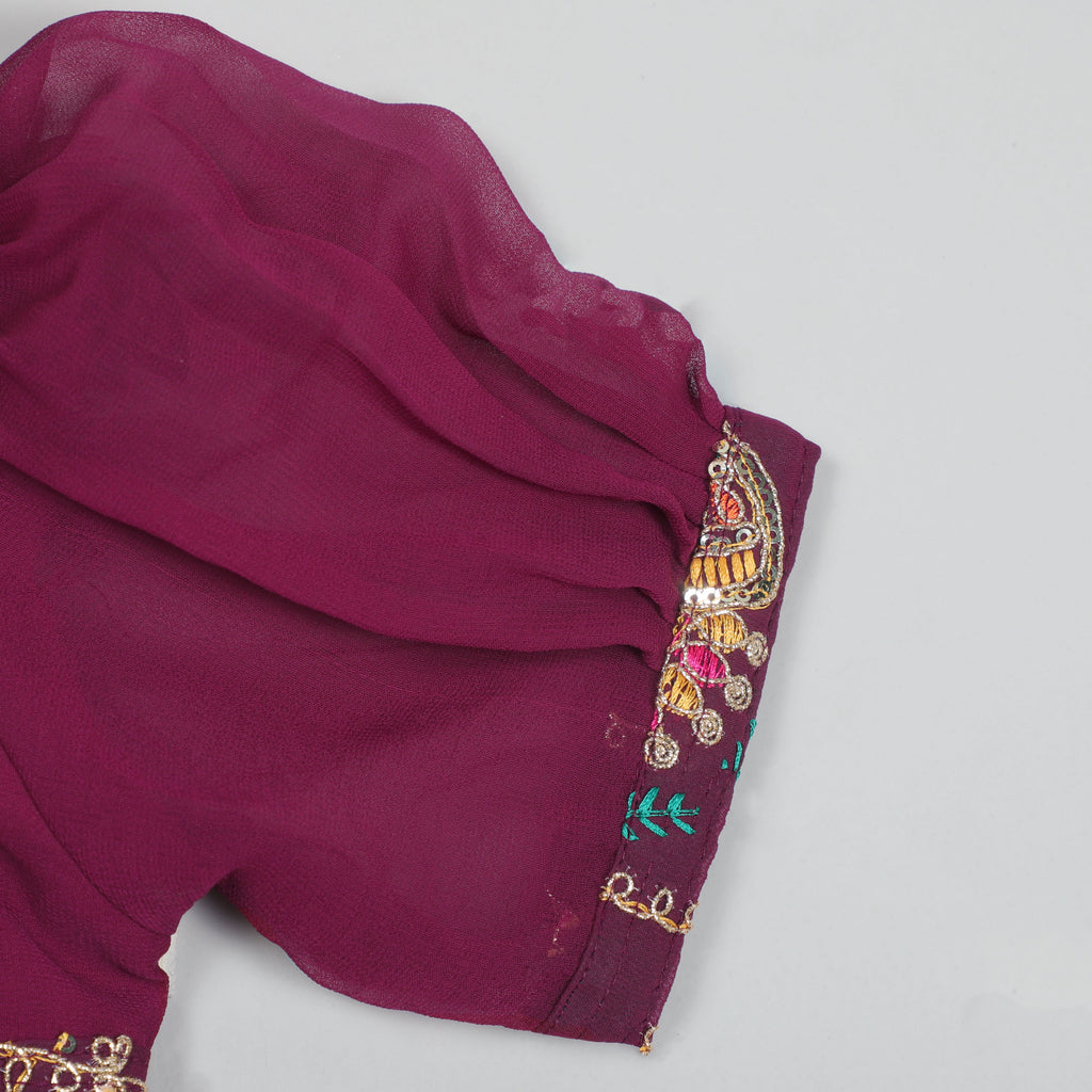 Wine Georgette Anarkali Gown With Embroidery Work on Neck, Yock And Sleeve Opening