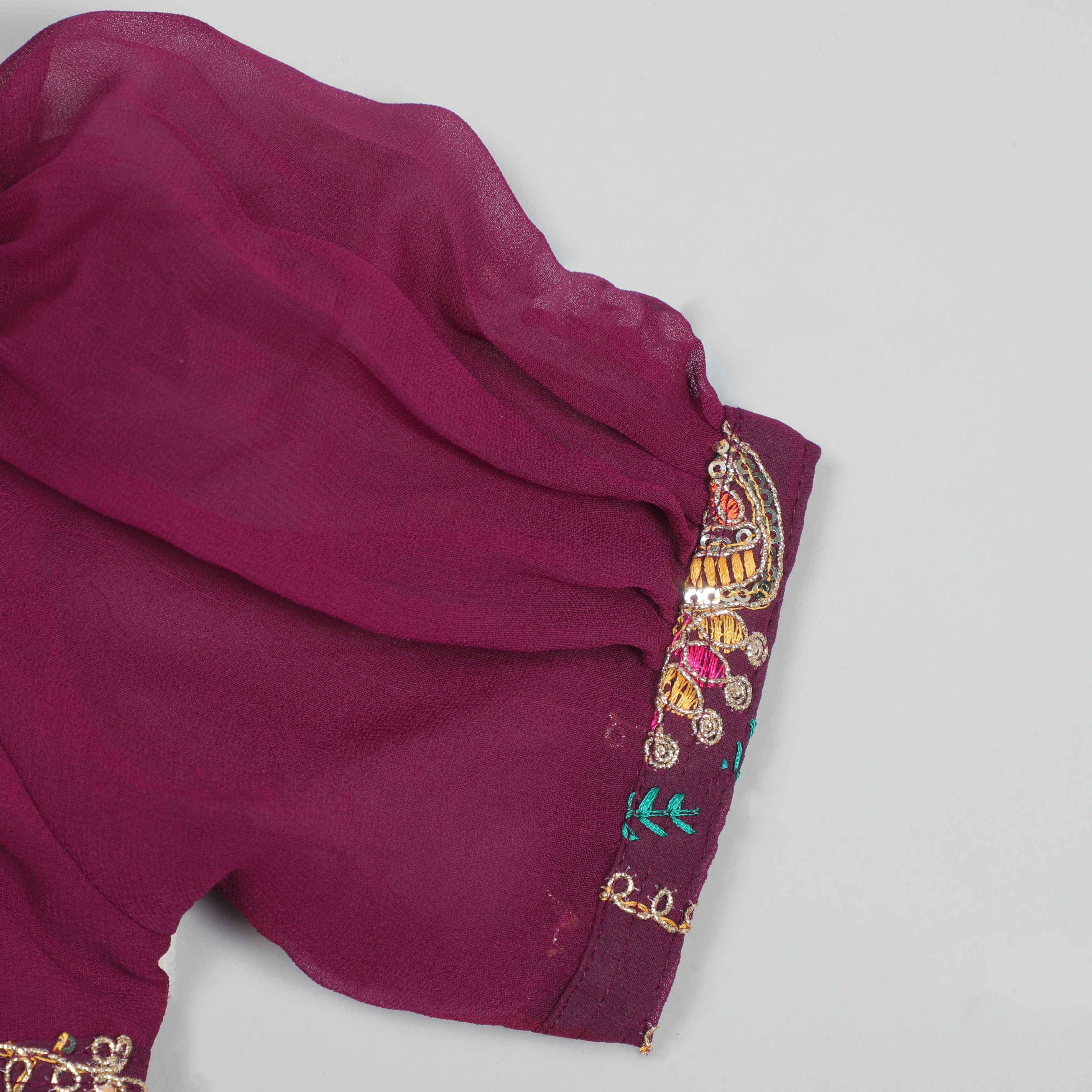 Wine Georgette Anarkali Gown With Embroidery Work on Neck, Yock And Sleeve Opening