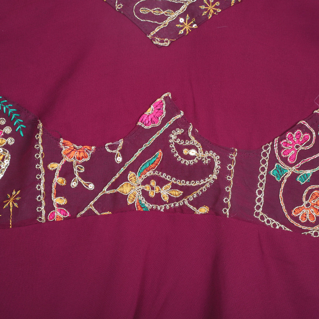 Wine Georgette Anarkali Gown With Embroidery Work on Neck, Yock And Sleeve Opening