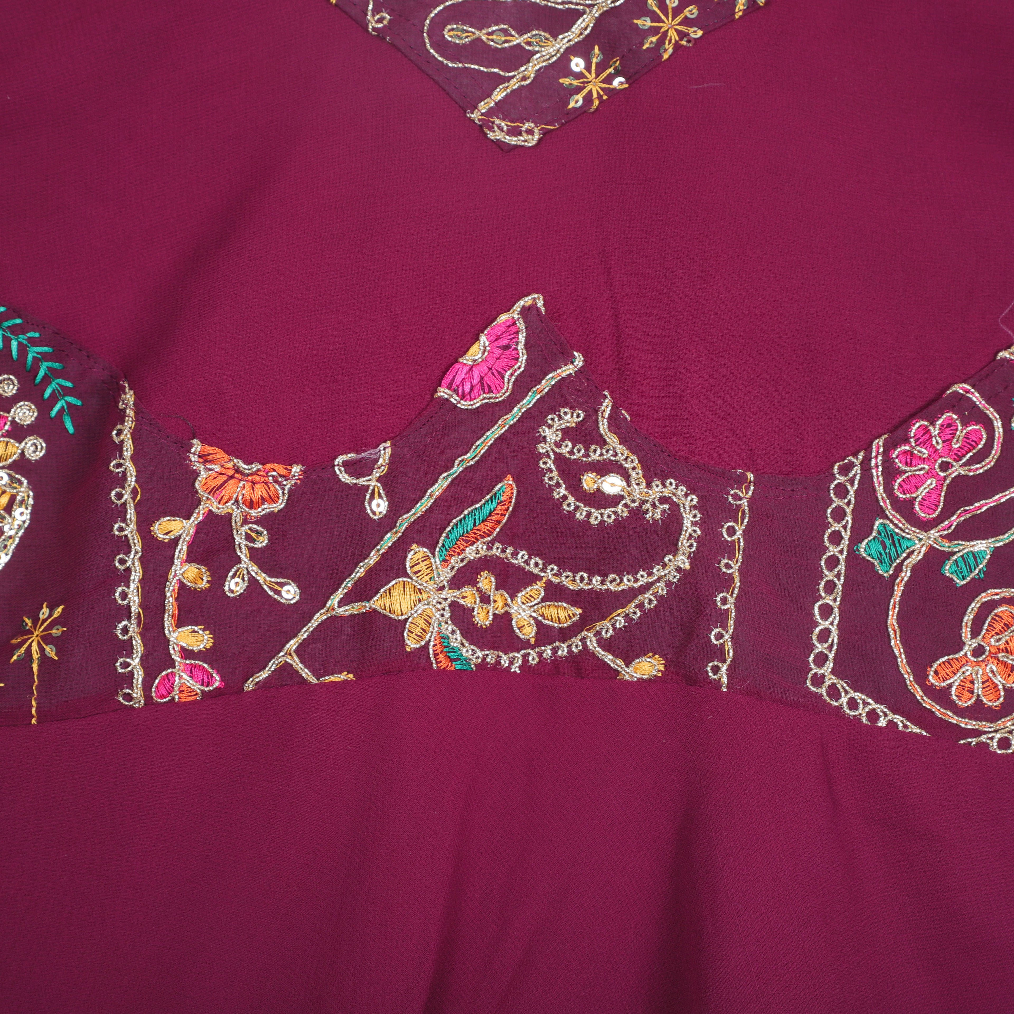 Wine Georgette Anarkali Gown With Embroidery Work on Neck, Yock And Sleeve Opening