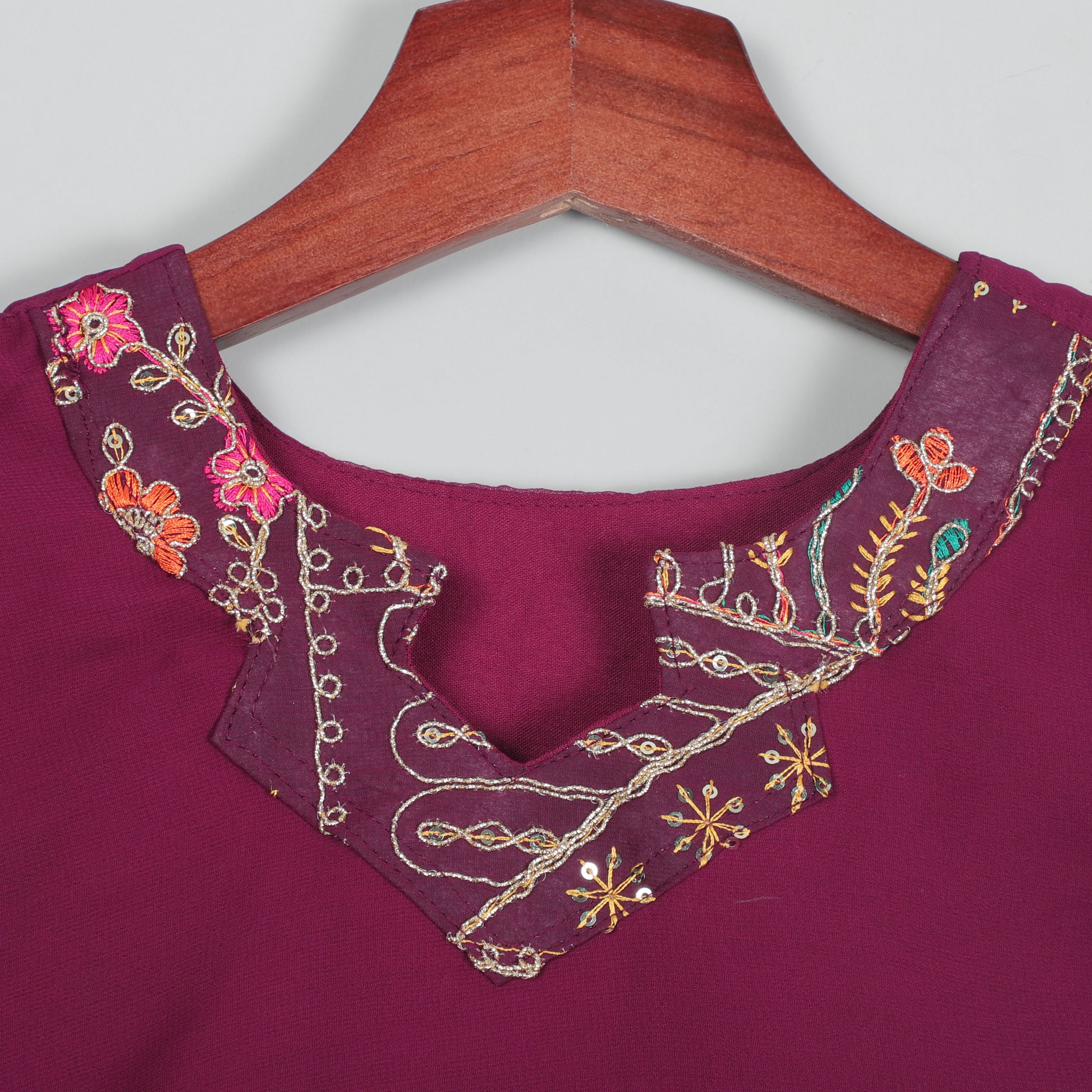 Wine Georgette Anarkali Gown With Embroidery Work on Neck, Yock And Sleeve Opening