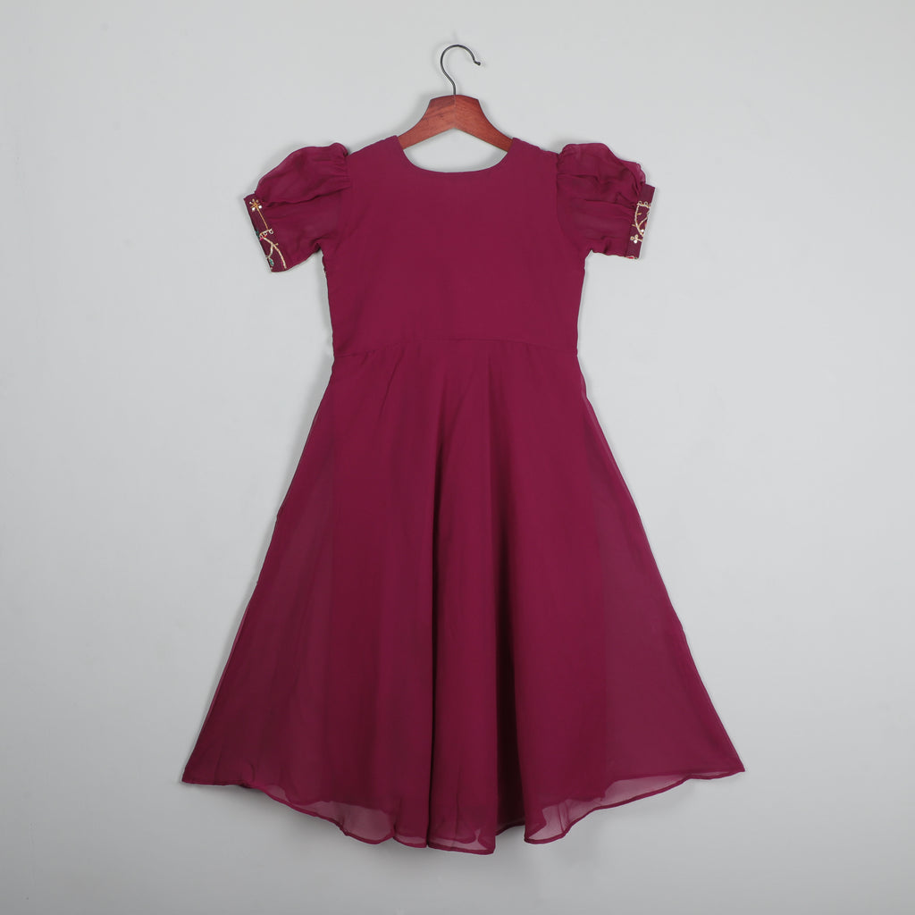 Wine Georgette Anarkali Gown With Embroidery Work on Neck, Yock And Sleeve Opening