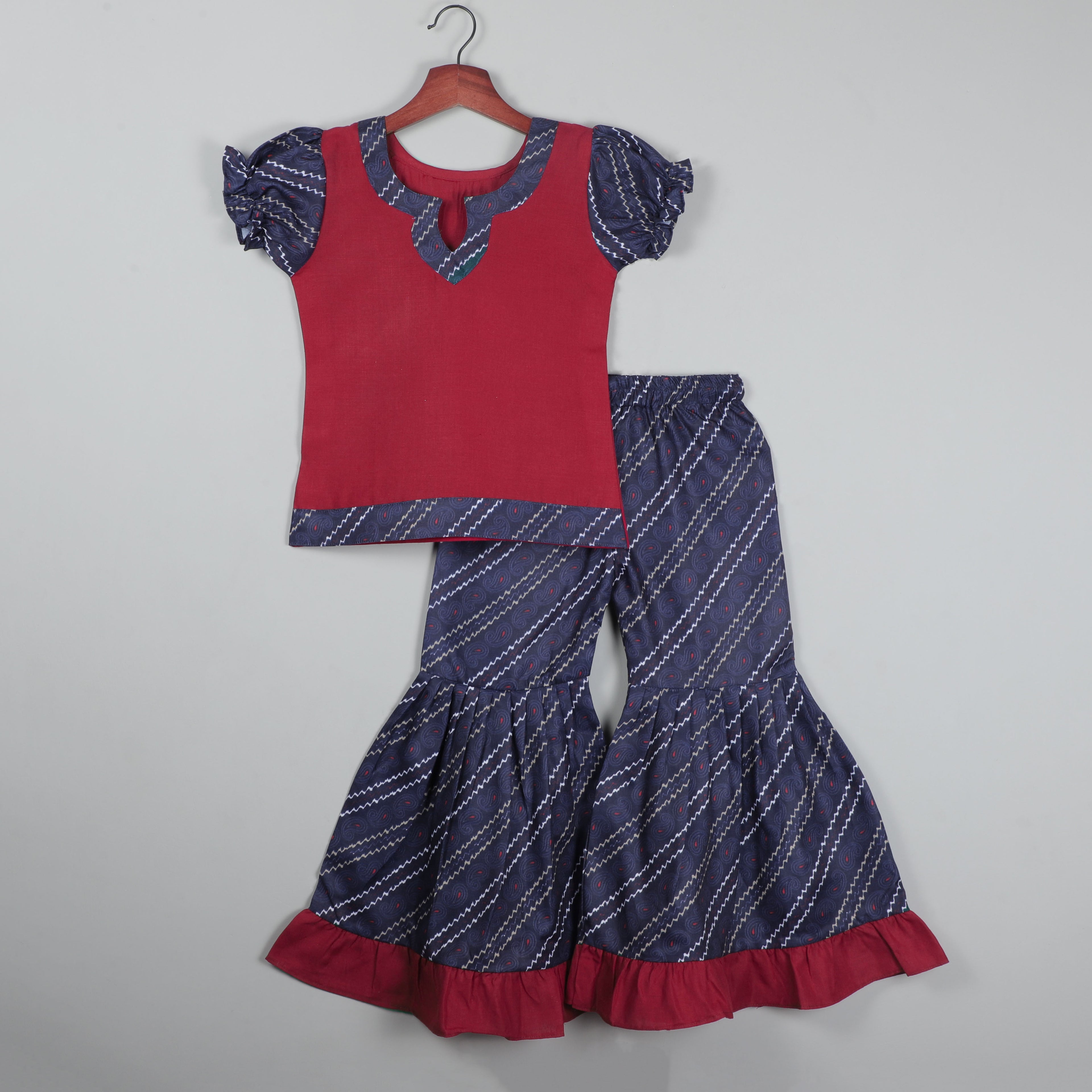 Keyhole Neck Top With Puffy Sleeves And Sharara Set