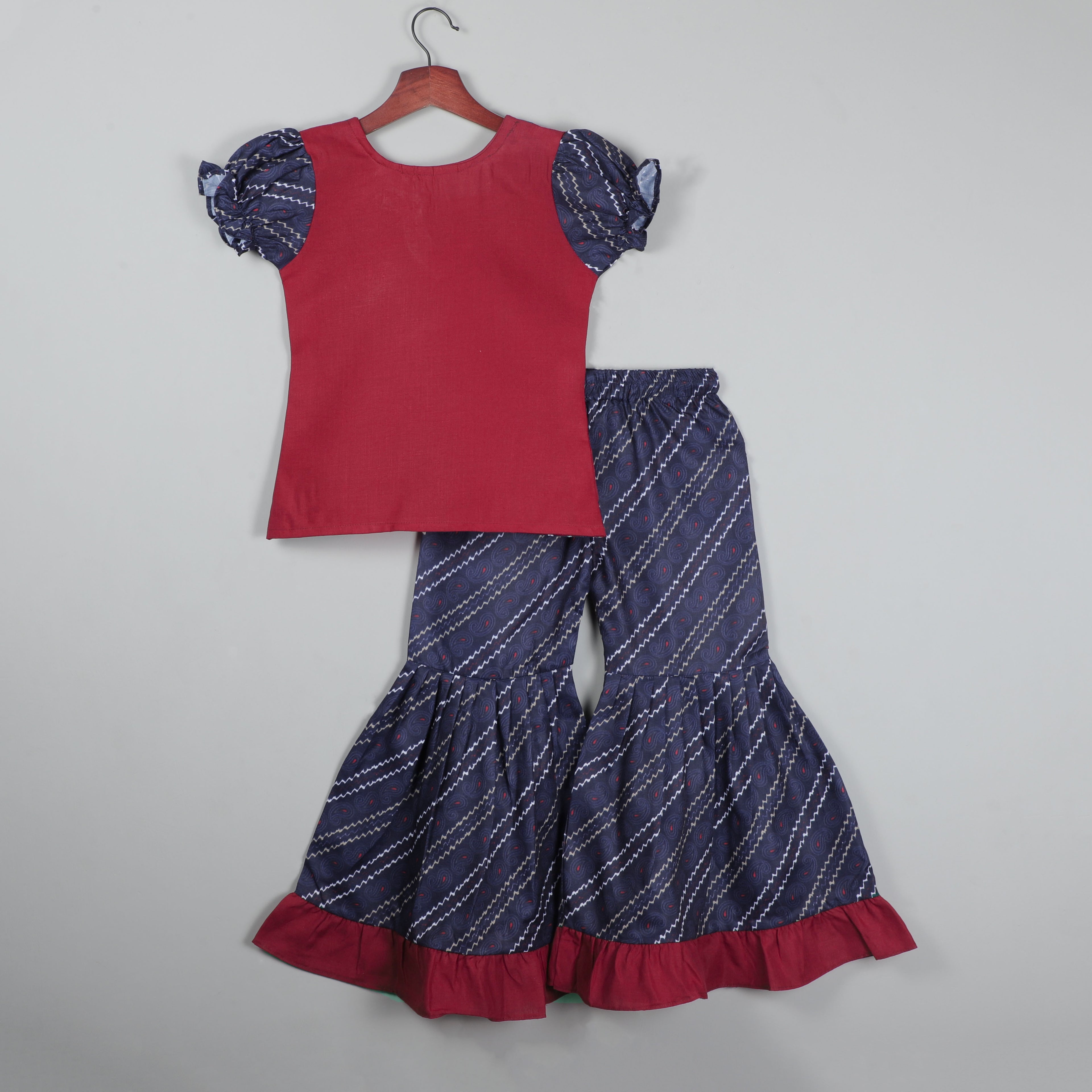 Keyhole Neck Top With Puffy Sleeves And Sharara Set