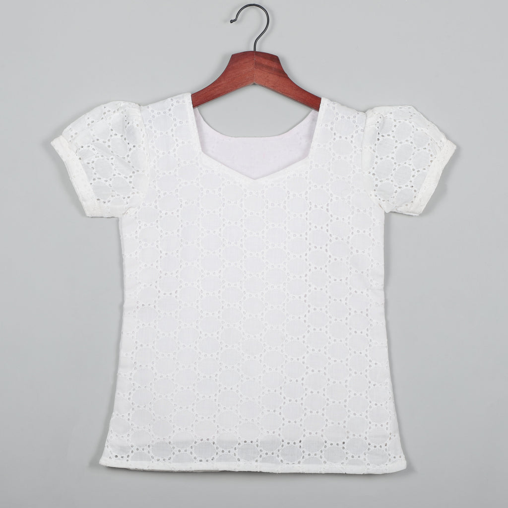 Puffy Short Sleeves White Balloon Dot Top With Pant