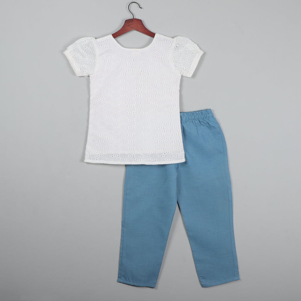 Puffy Short Sleeves White Balloon Dot Top With Pant