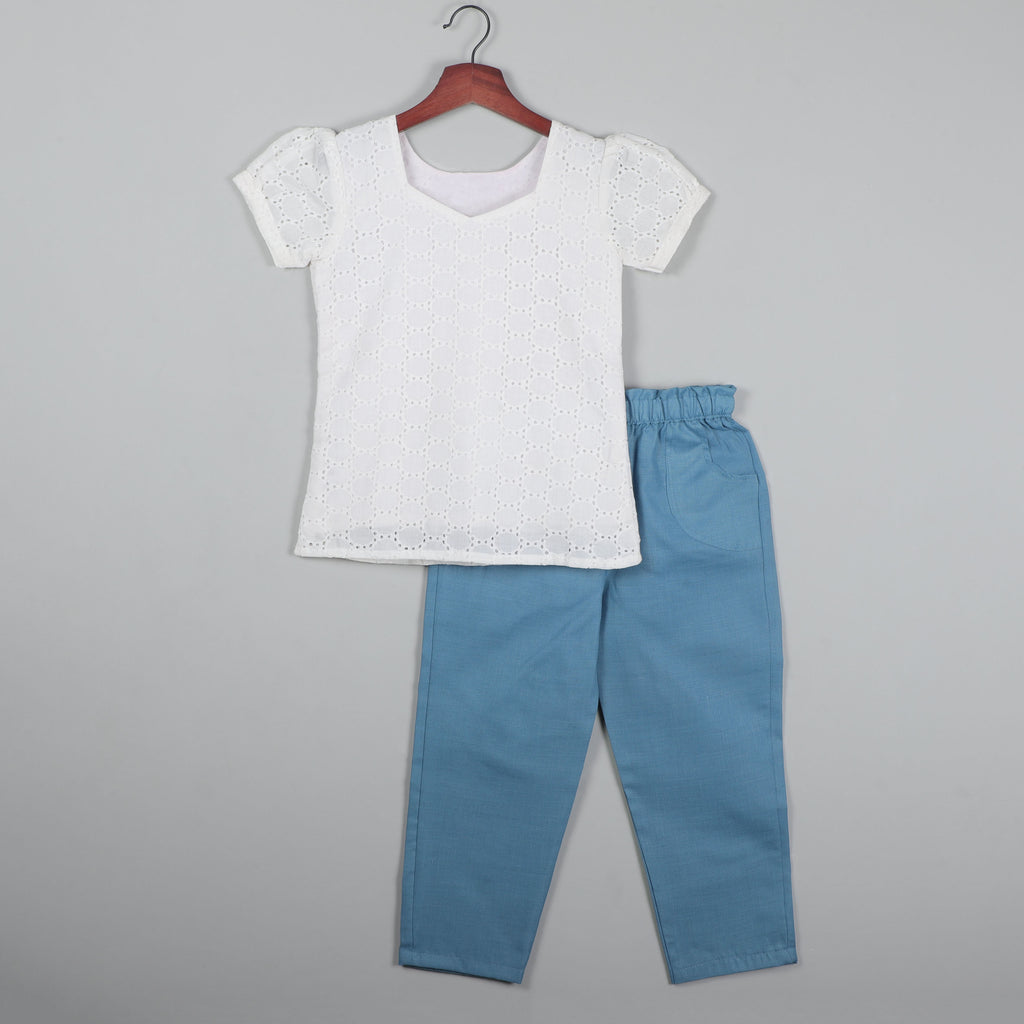 Puffy Short Sleeves White Balloon Dot Top With Pant